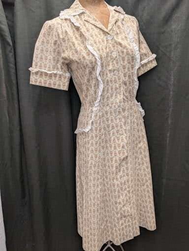 Vtg. 50s Pale Tan White Orange Cotton Button Front Day Dress S/M