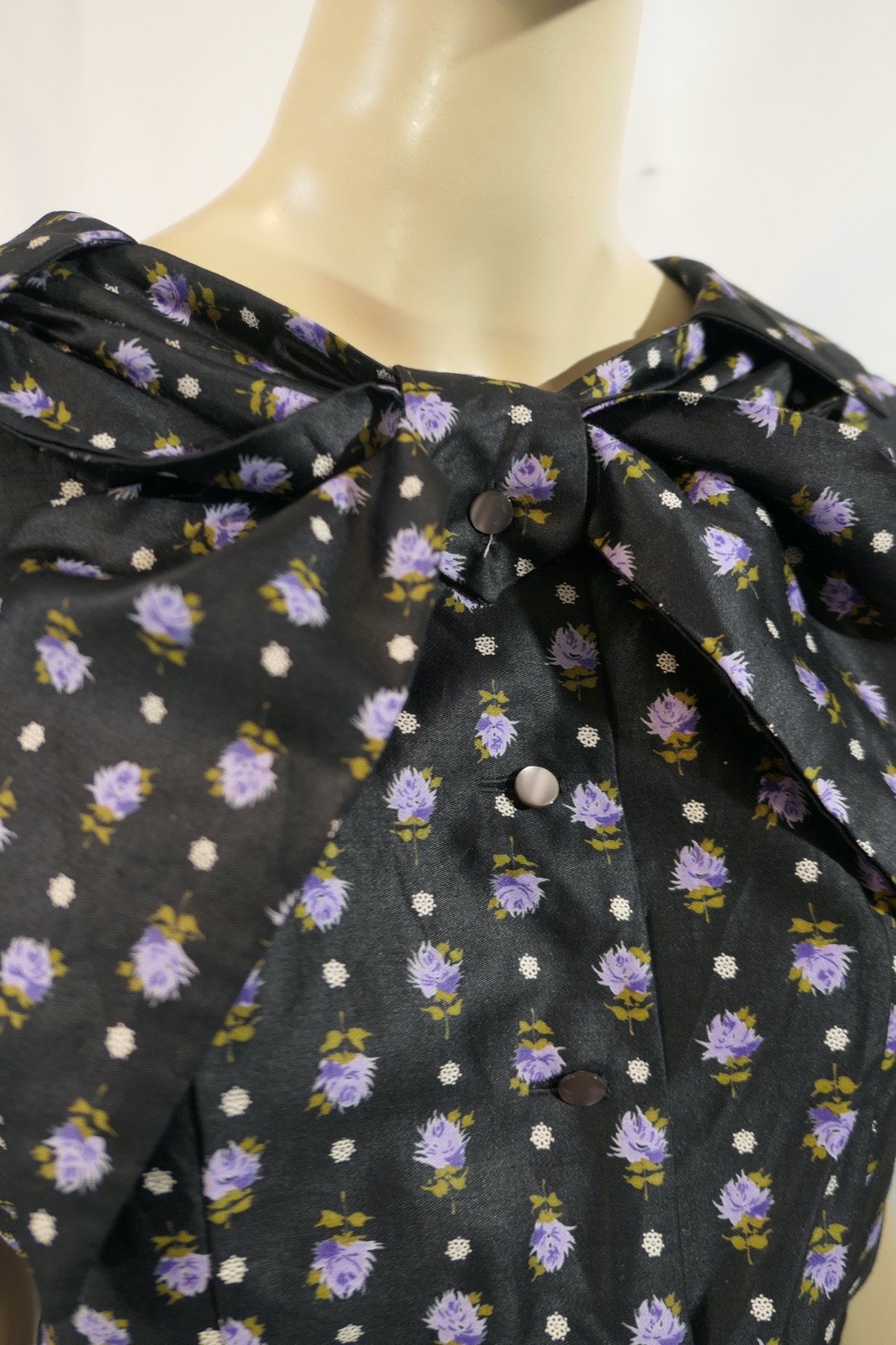 Vintage 50s Rockabilly Handmade Black Lavender Cotton Ascot Dress A Line Full M