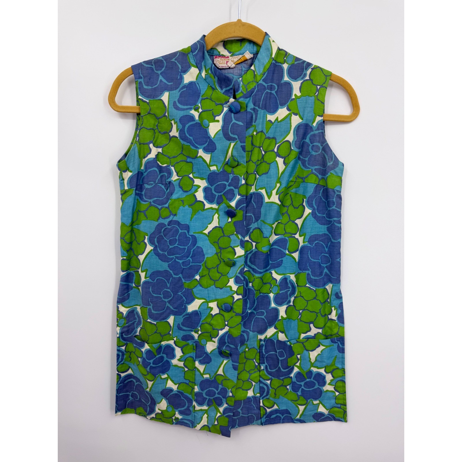 Jamaica Fashion Guild Beachcomber Floral Tunic Top sz 10 Blue Green Vintage 60s