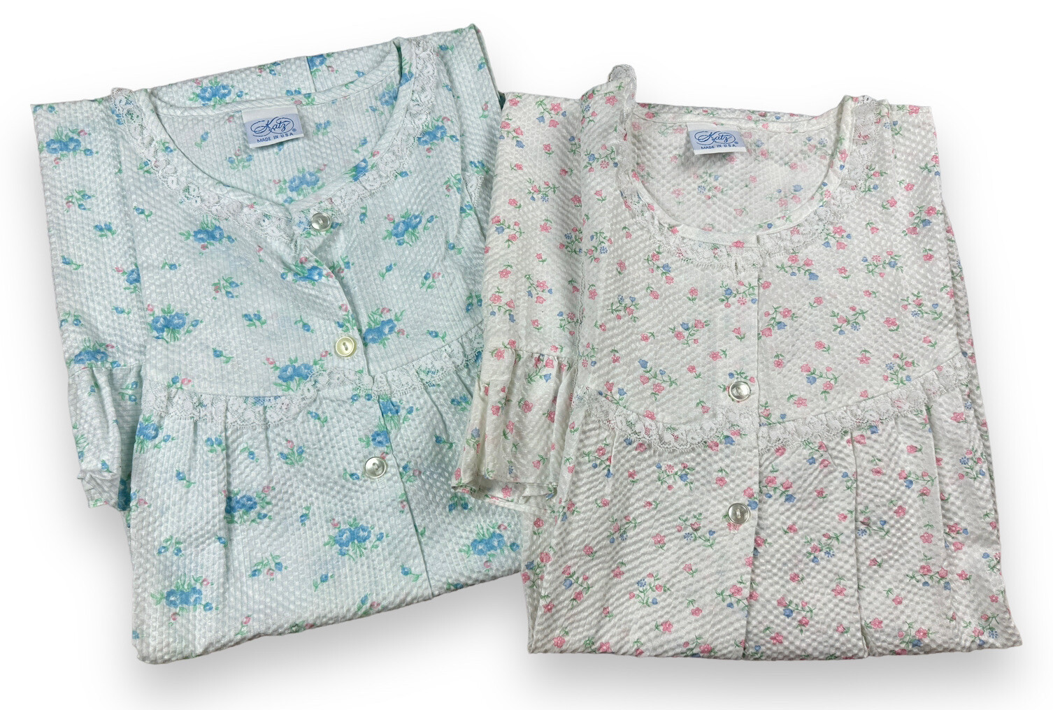 2 Vtg Katz Floral Lightweight Nightgowns White Blue Pink Calico USA Made Sz L