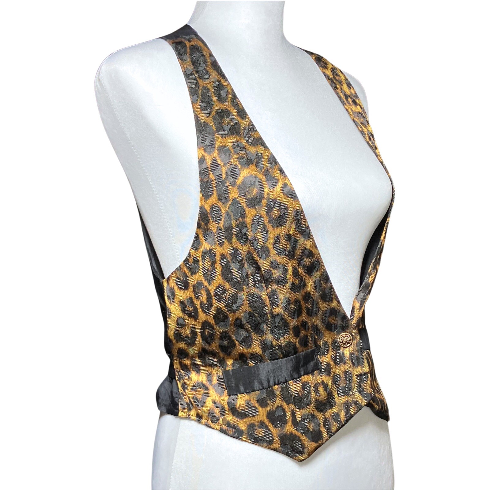 Vintage 80s Leopard Cheetah Cropped Satin Vest Brass Buttons. Retro Funky. S/M.