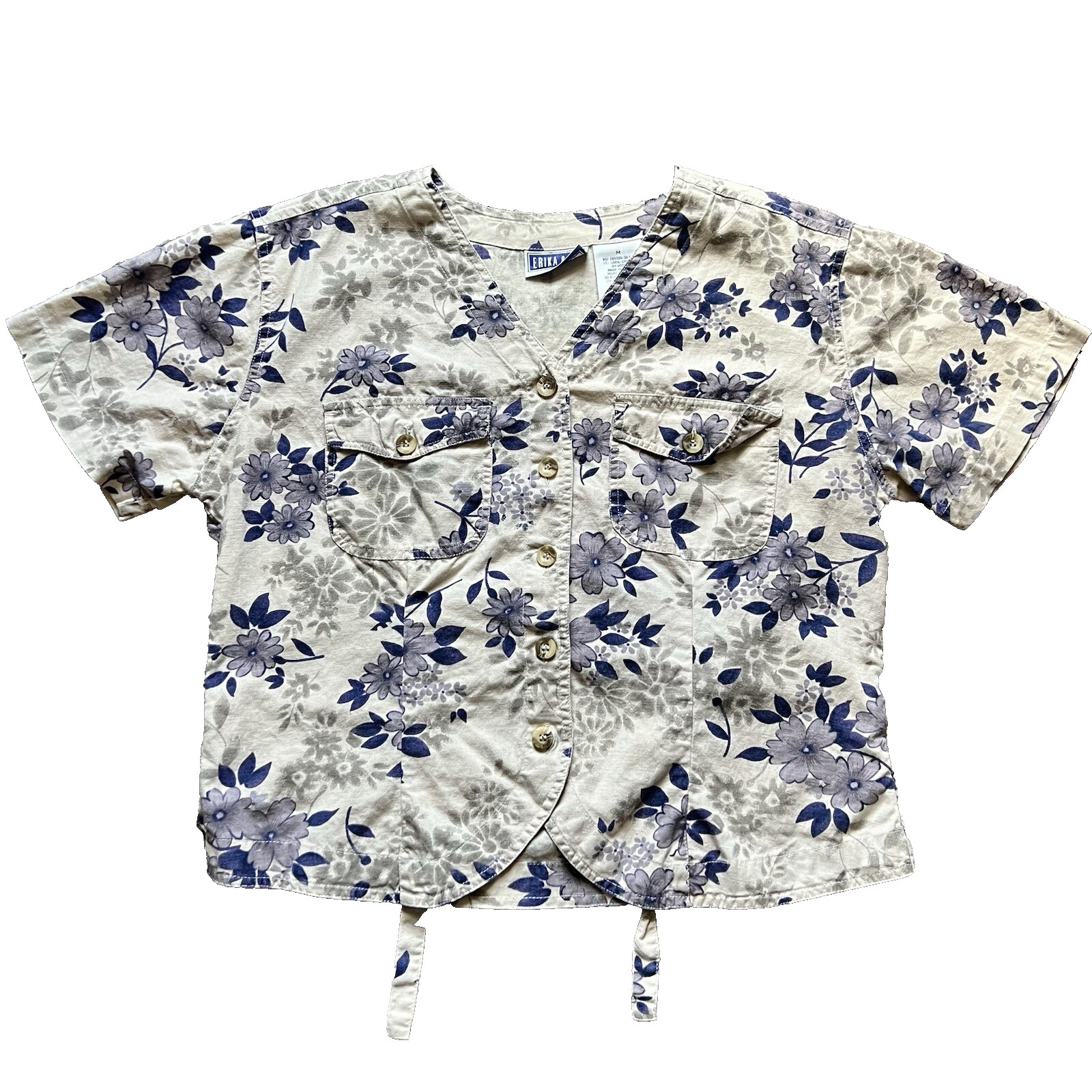 Vintage 90s Erika & Co Top Medium Ivory Linen Floral Button Short Sleeve Cottage