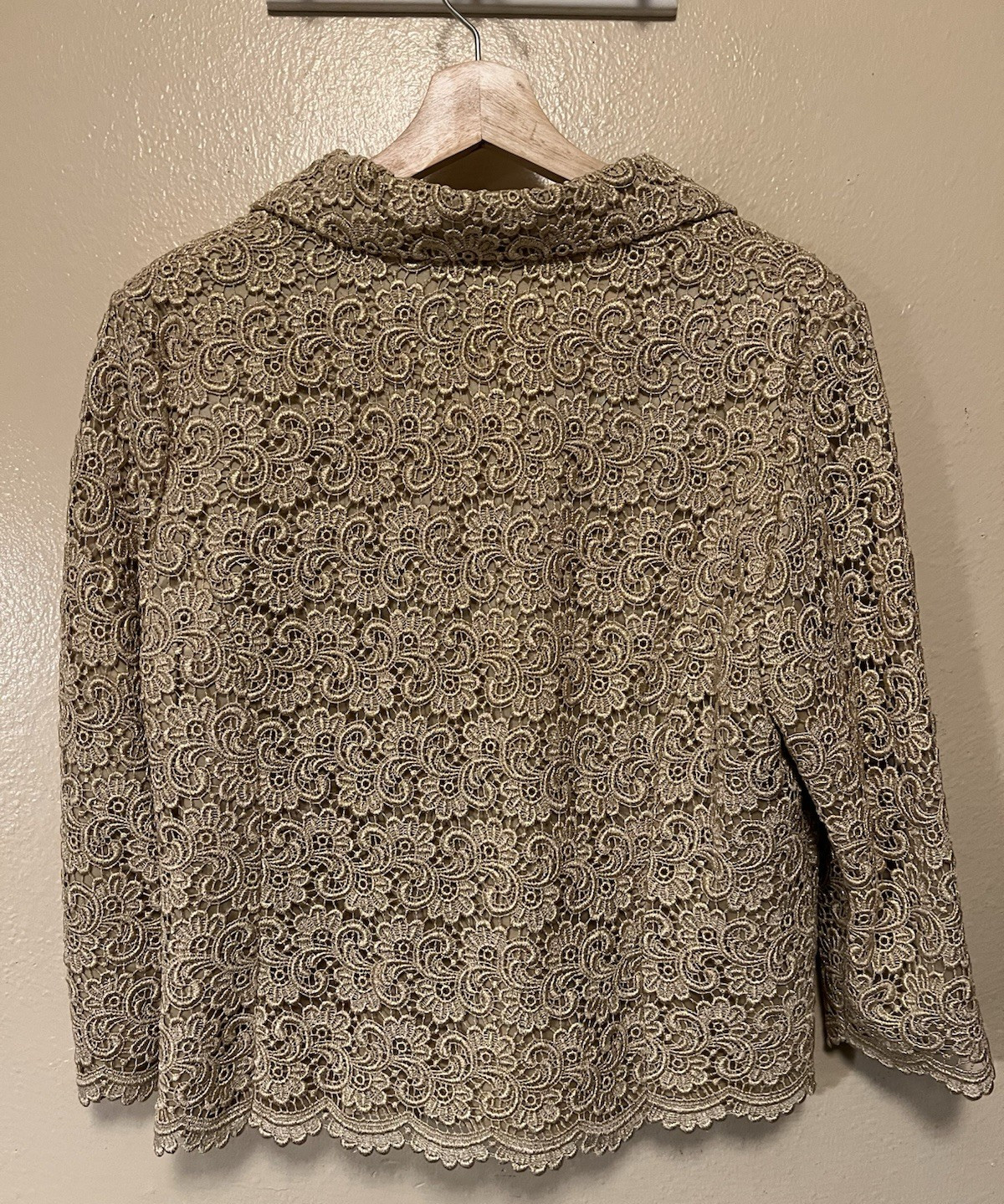 Vintage Talbots Gold Sparkle Lace 3/4 Sleeve Guipure Jacket Lined Women’s Sz 12
