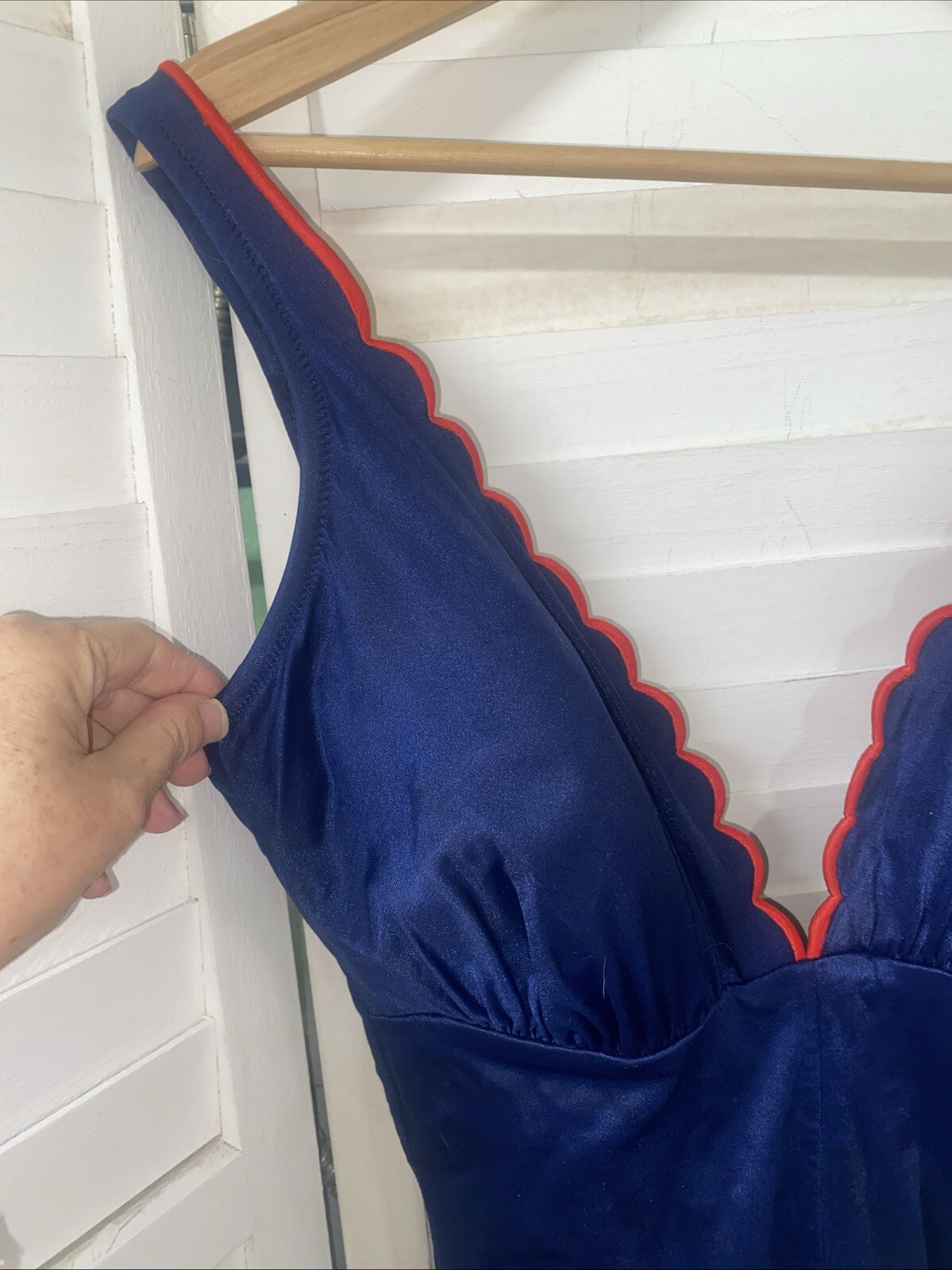 Vintage 1970 DeWeese Design Navy W/ Red Trim One Piece Swimsuit Sz 16 USA Made