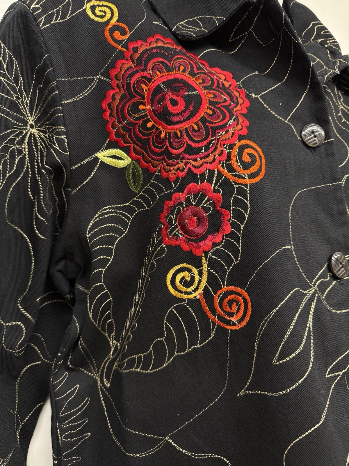 Vtg Classic Elements Jacket Embroidered Black Floral Women’s Size L