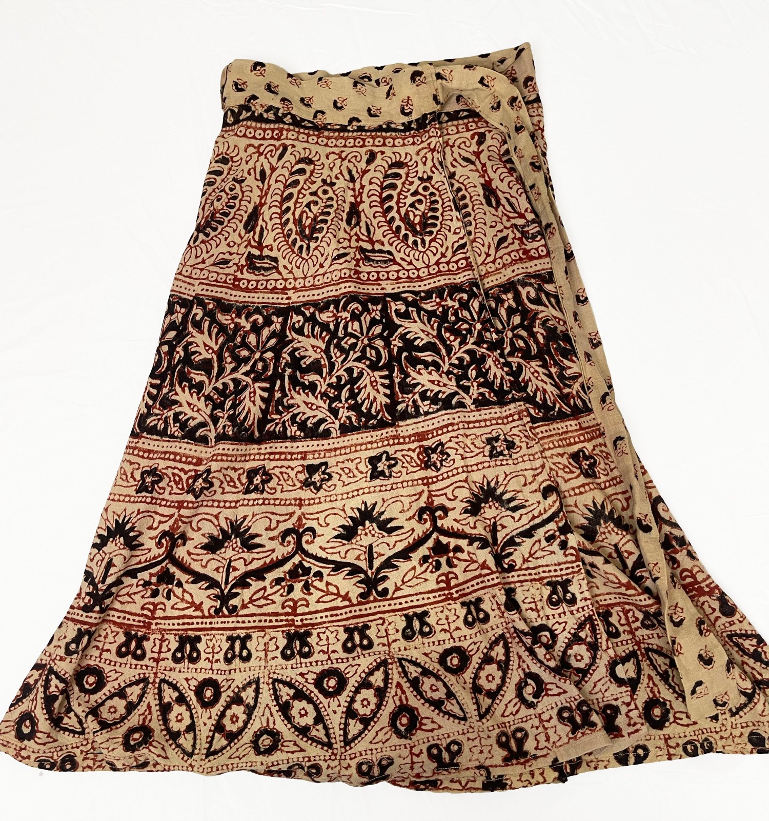 Vintage 70s India Cotton Block Print Wrap Skirt Boho Floral Paisley 35″ Waist