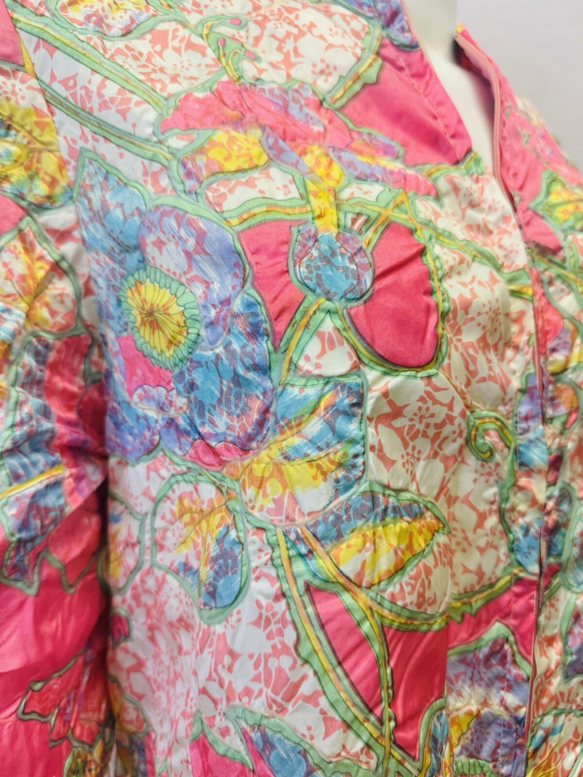 VTG RARE Caftan Kaftan Loungewear night Gown Dress robe glo pink floral zip S/M
