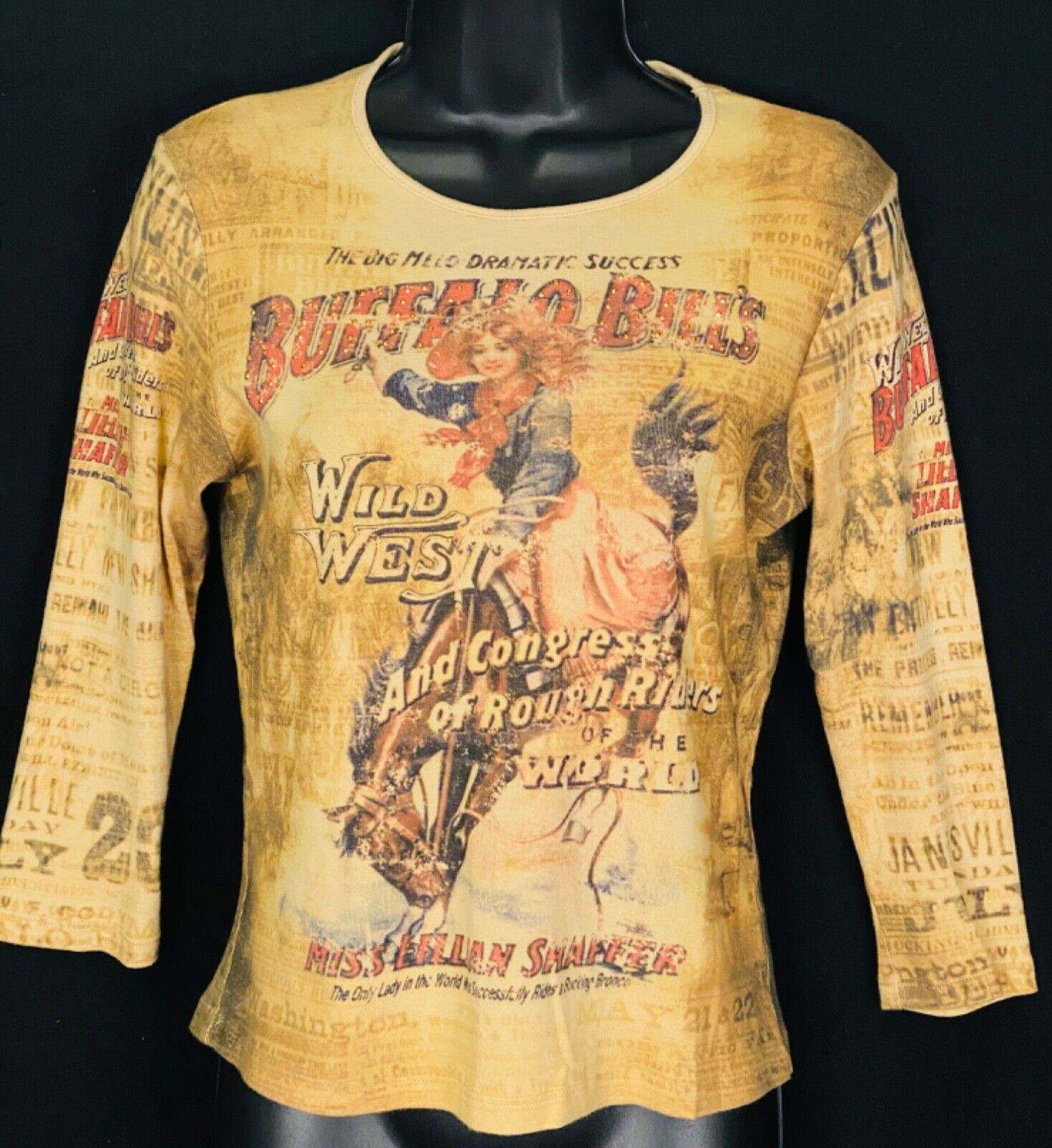 Vintage 1990s cowgirl Wild West shirt tan novelty print Victorian lady horse top