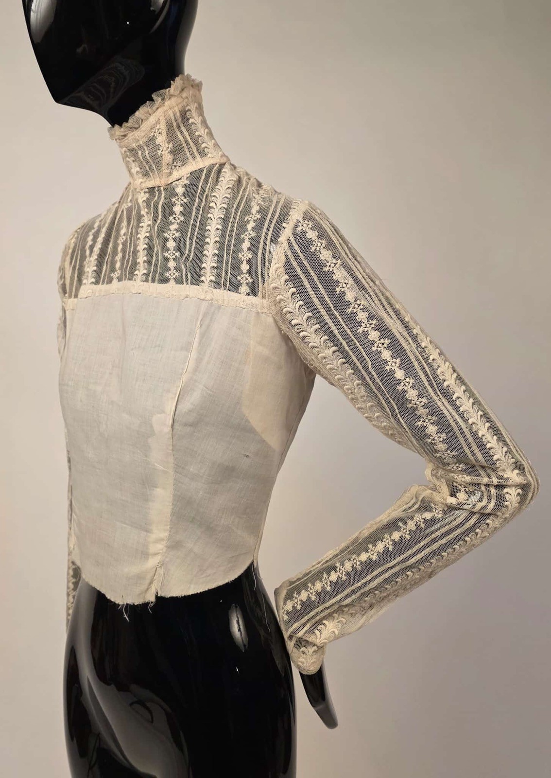 VICTORIAN 19TH C HIGH COLLAR EMBROIDERED NET LACE UNDER TOP BLOUSE