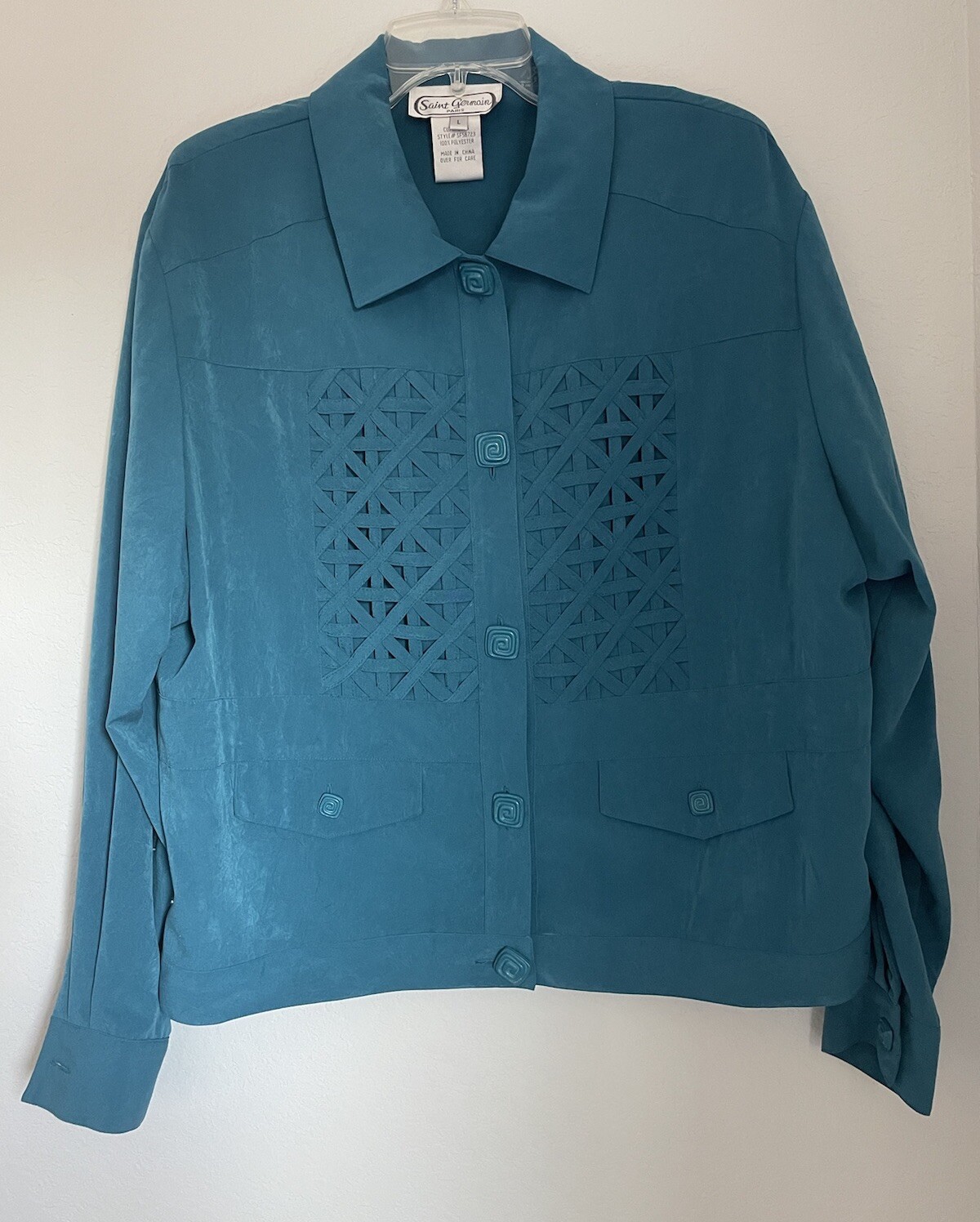 Saint Germain Paris Vintage Womens Lightweight Teal Latticework Button Up Top L.