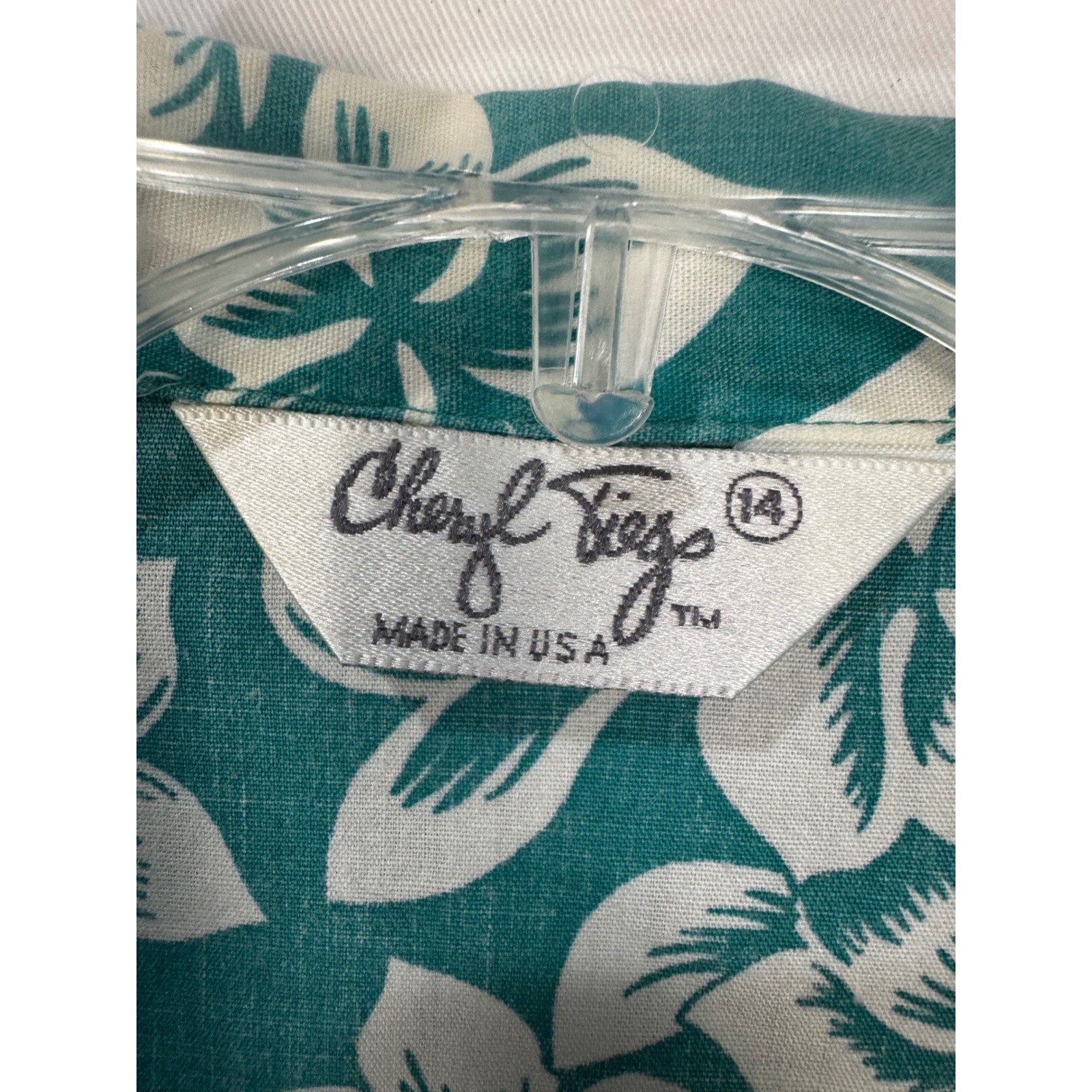 Vintage Cheryl Tiegs Turquoise White Tropical Floral Blouse Made USA Sz 14 M/L