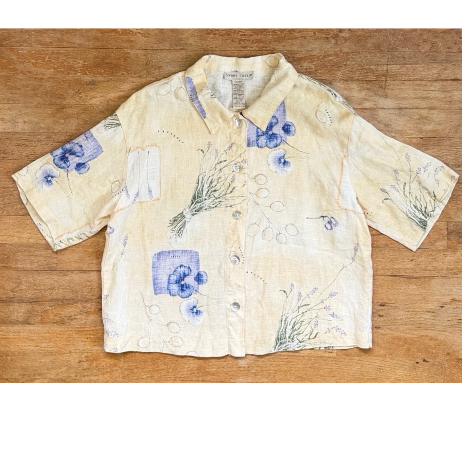 Vintage Pansy/Lavender Floral Print Linen Dress Top Set Size Medium 90s Yellow