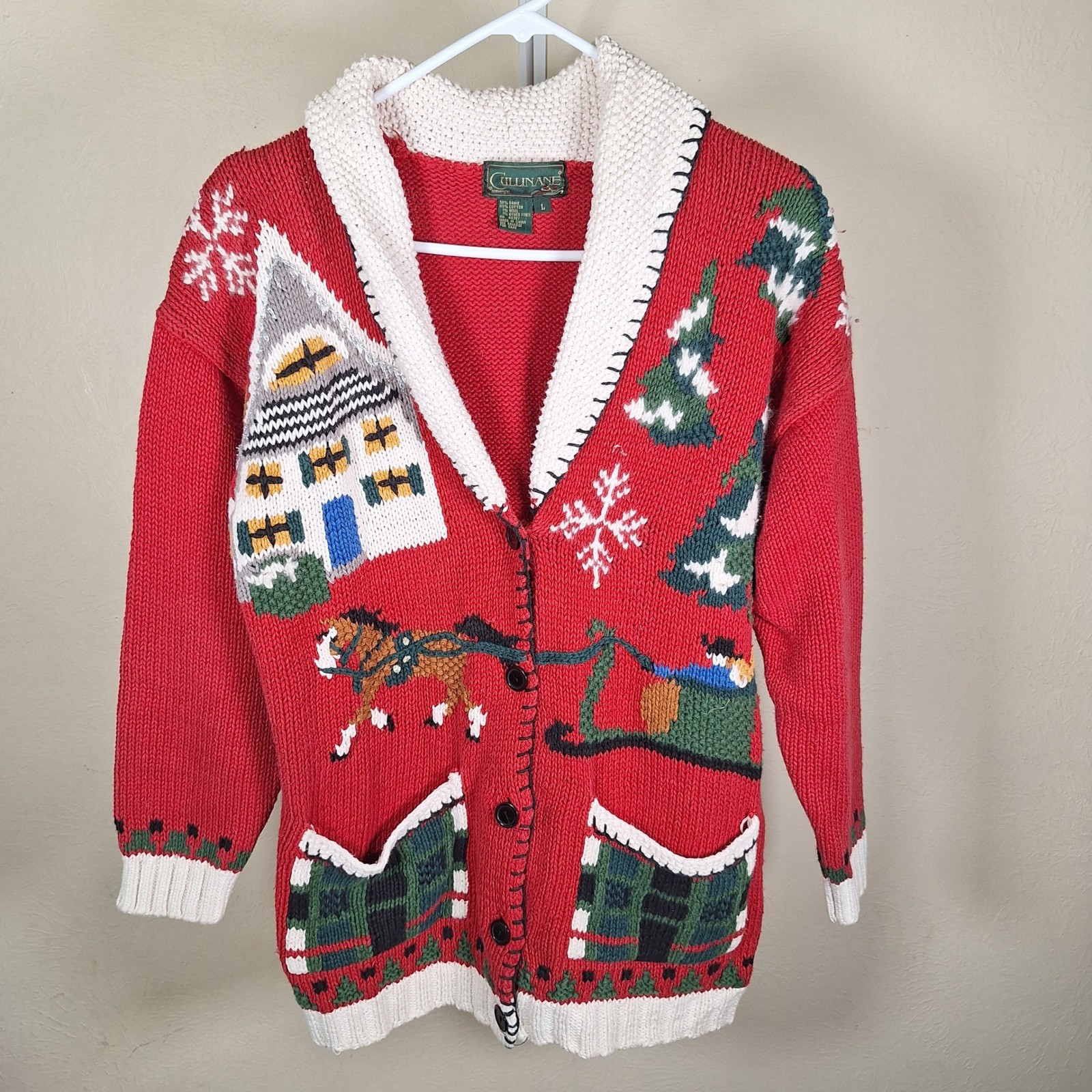 Cullinane Vintage Hand Knit Christmas Cardigan Shawl Collar 3D Whipstitch L