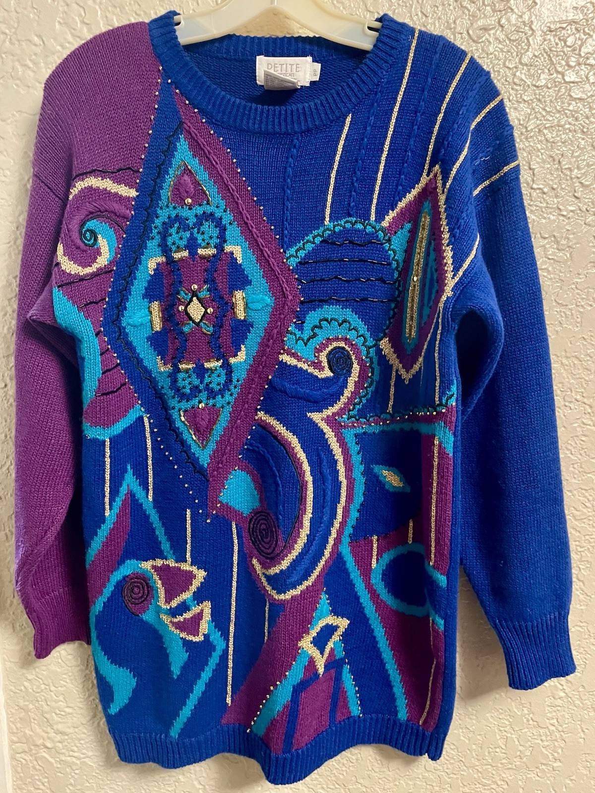 Vintage Sweater Chunky Knit 1980s: Purple Blue Abstract Geometric, Size S/M