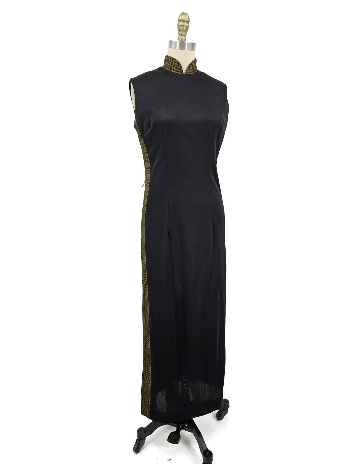 Vtg Alfred Shaheen Black Gold Cheongsam Dress Womens 10 Asian Inspired Slit