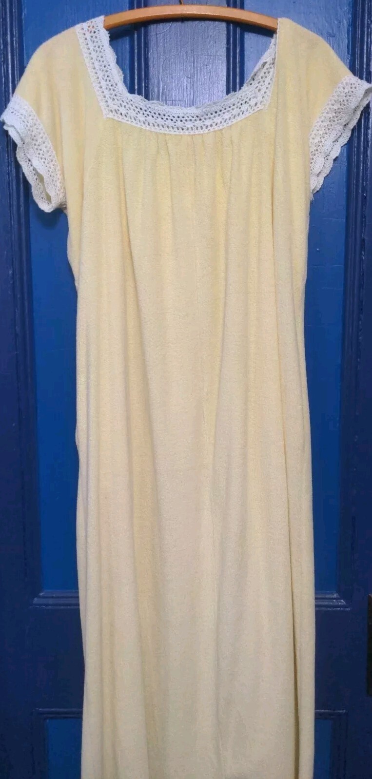 VTG Katz Women’s Terry House Dress/Kaftan/Crochet/Pockets Medium Yellow EUC 70s