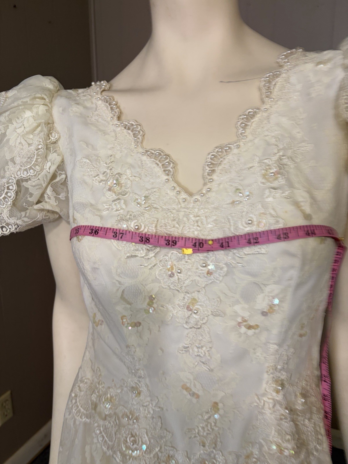 1990’s Puff Sleeve Lace Midi Wedding Dress Cottage Core Sz 12