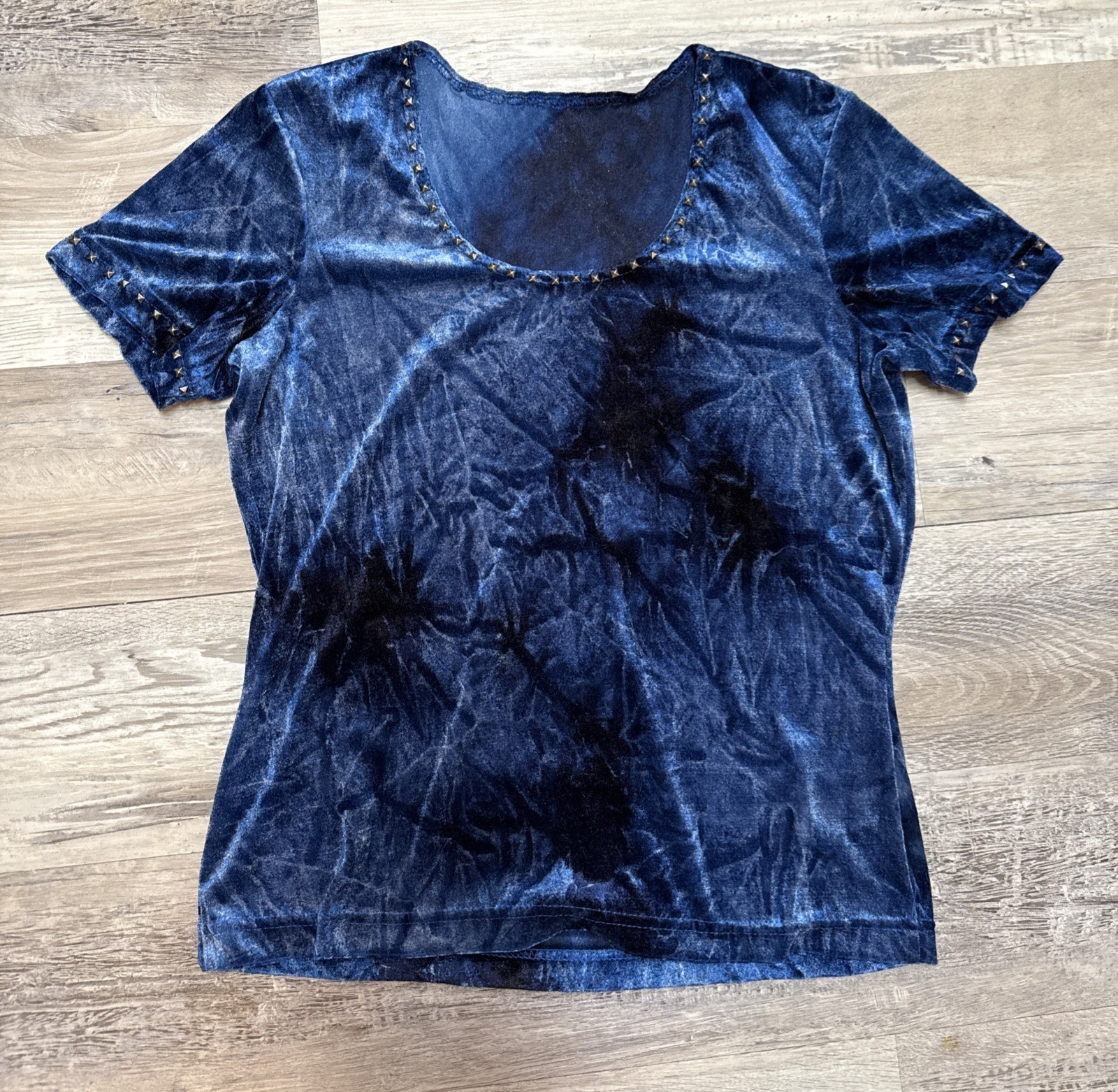 Vintage 90s Velour Knit Top Tye Died Look Acid Wash Blue Grunge Studs Shirt Smal