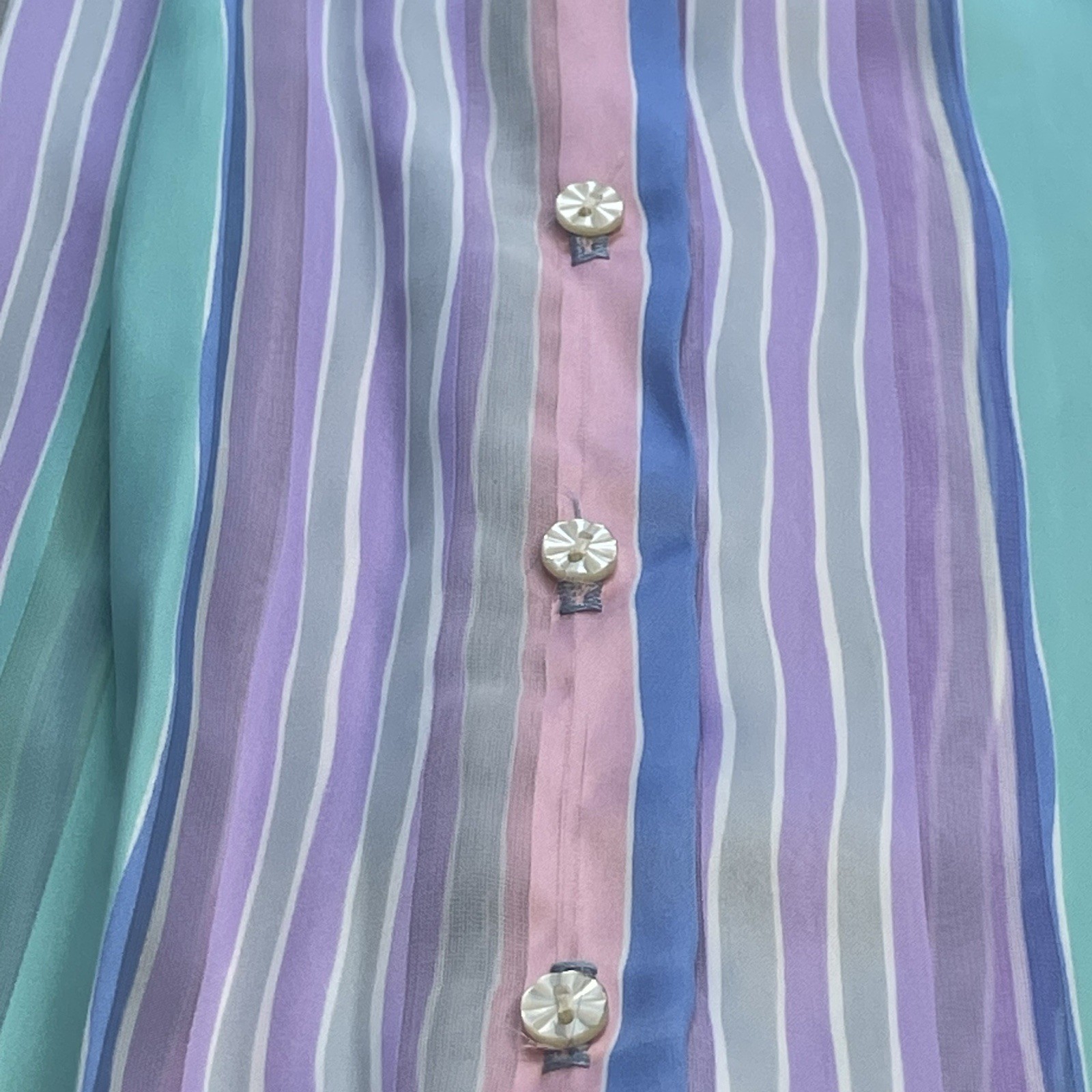 VTG Pastel Striped Blouse 12 High Mock Neck W/ Tie Button Front Retro Office