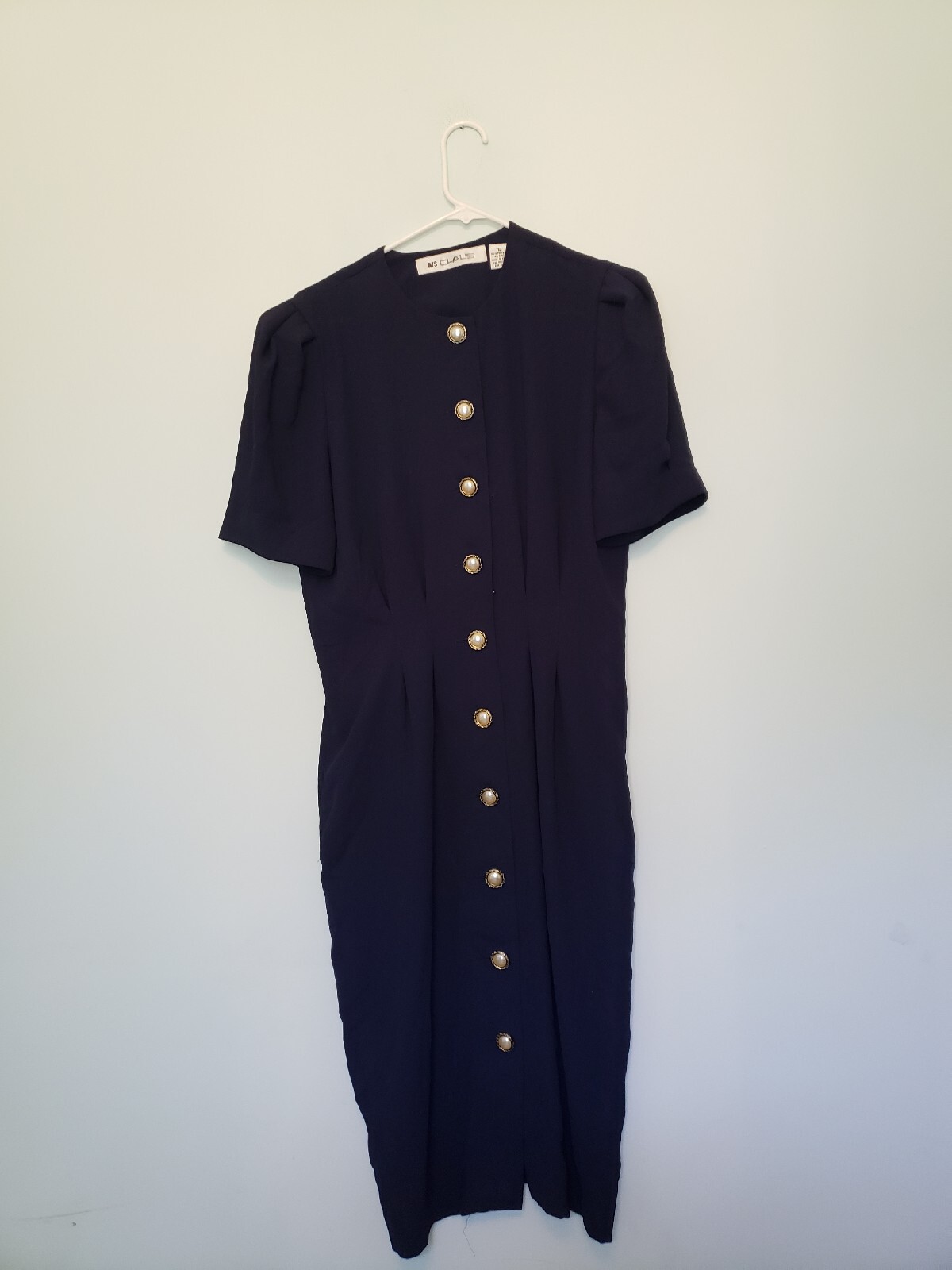 VTG Ms Chaus Womens Sz 12 Dress Button Front Navy Blue Fitted Waist 1970’s
