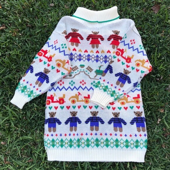 Vintage Gino Calini Long Acrylic Wool Sweater with Teddy Bears and Trains