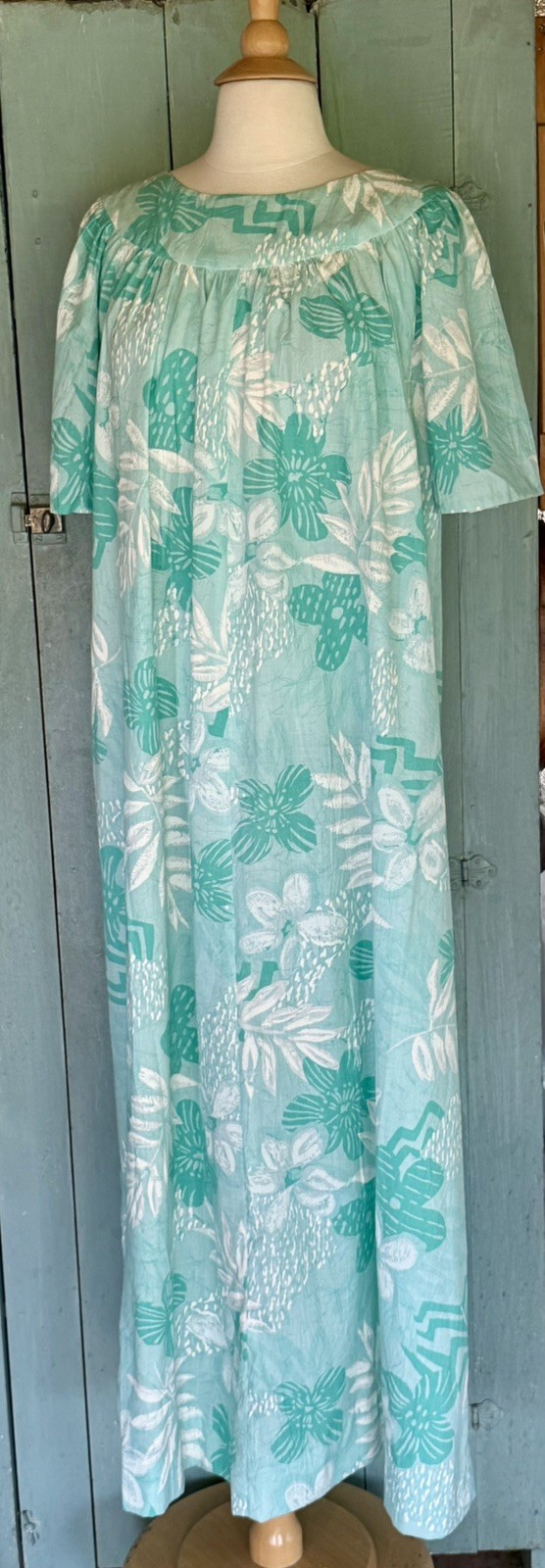 VTG 60’s BARK CLOTH HAWAIIAN MUMU Maxi Muumuu Kaftan Teal SeaGreen Bespoke S/M++