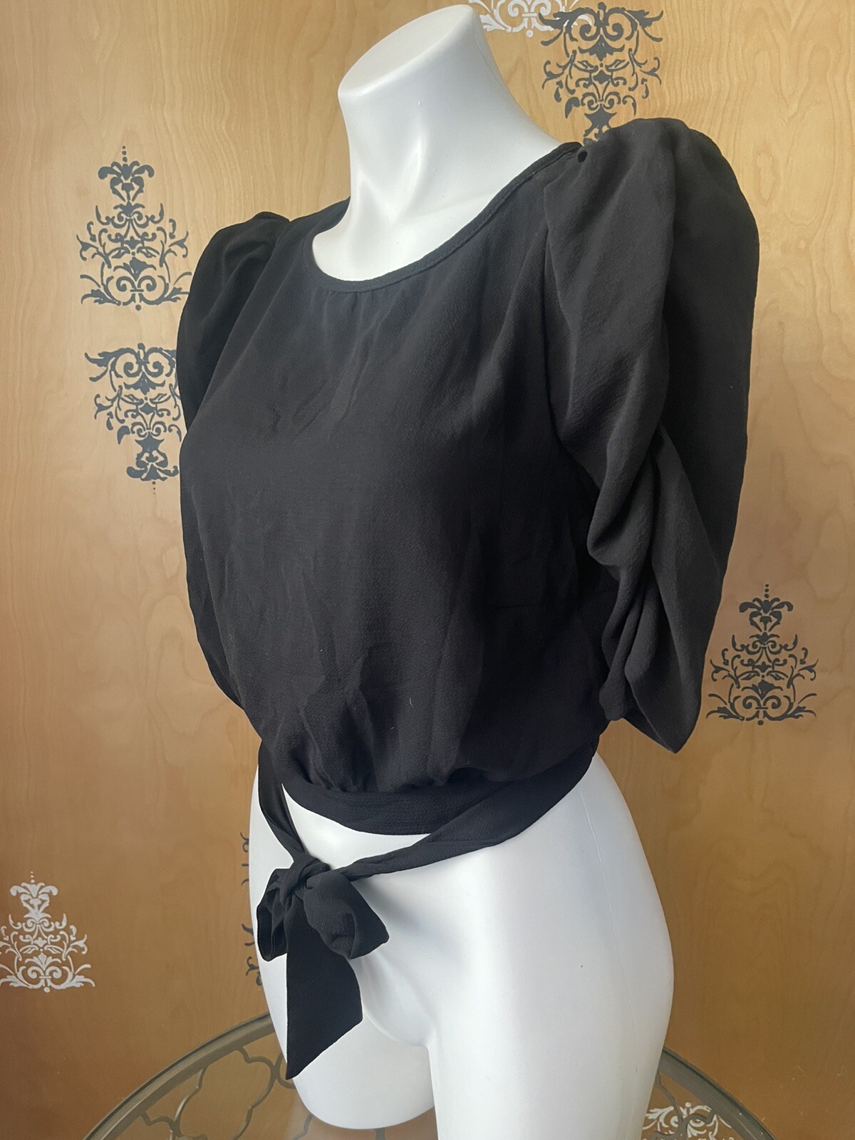 NWT Y2K 2000 Peplum Blouse Crop Top 1/2 Sleeve Adjustable Tie Strings Black S/M