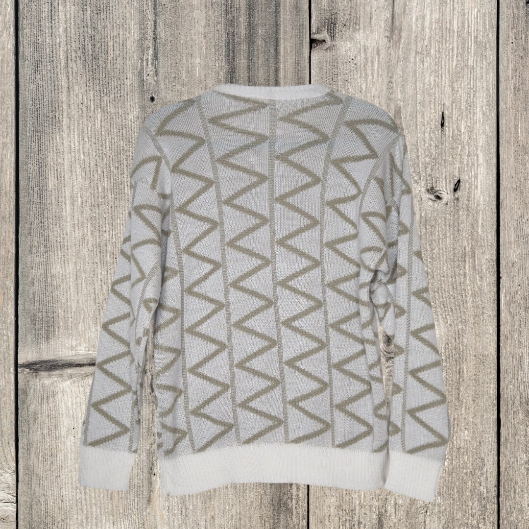 Vtg Acrylic Geometric Sweater Knit Crew Neck 80s 90s S Retro White Tan Preppy
