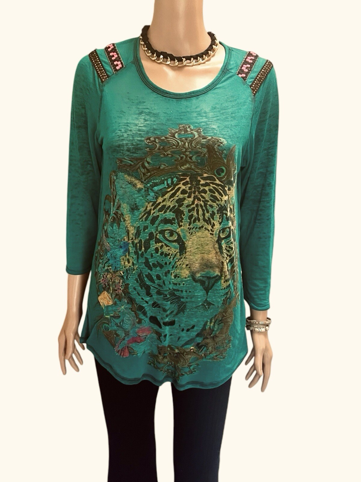 Custo Barcelona Top Vintage Y2K Leopard Print Graphic Cotton Burnout Boho Luxe