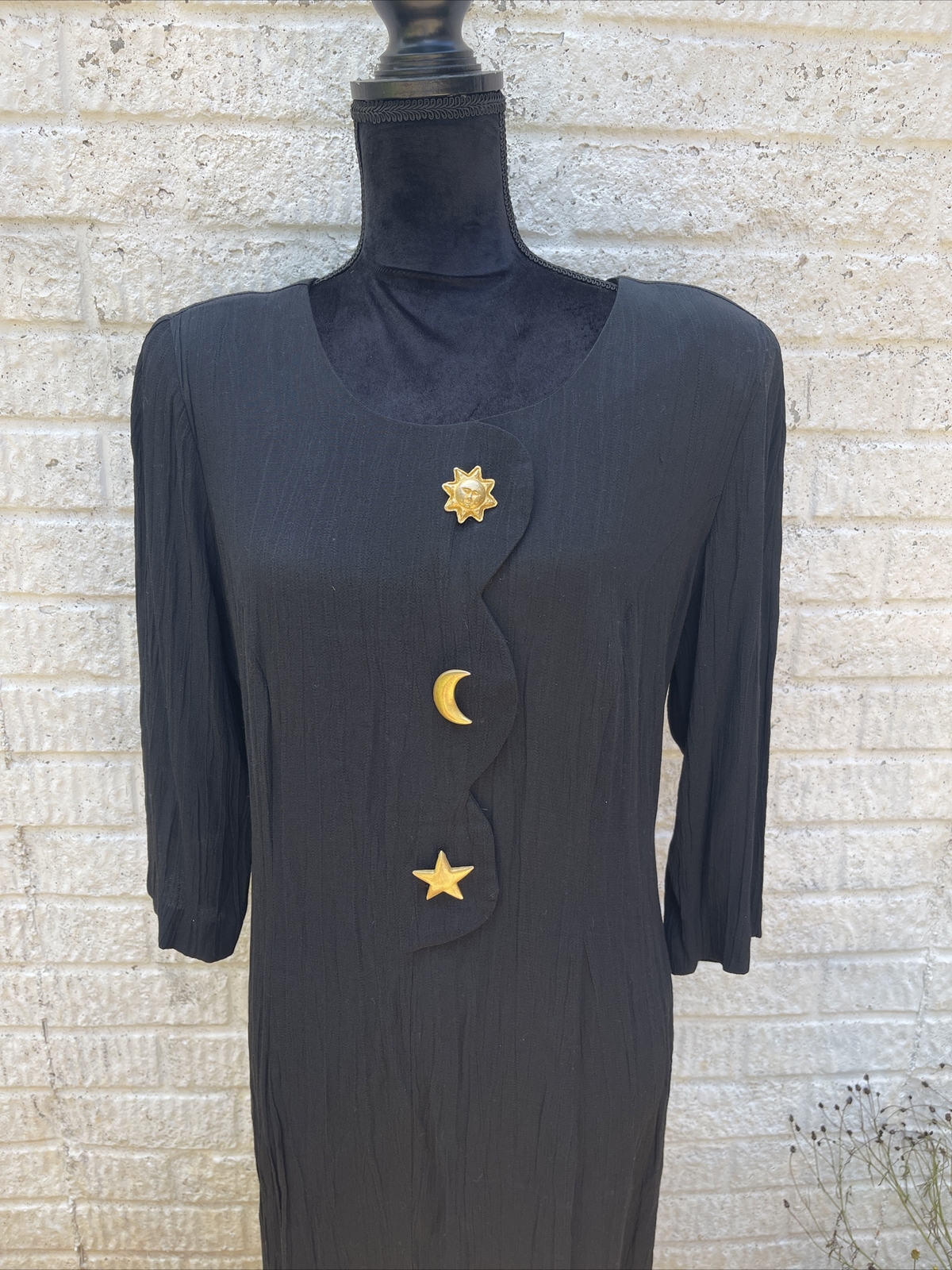 Vintage Dress WNY Size 10 Black With Gold Buttons Sun Moon & Start