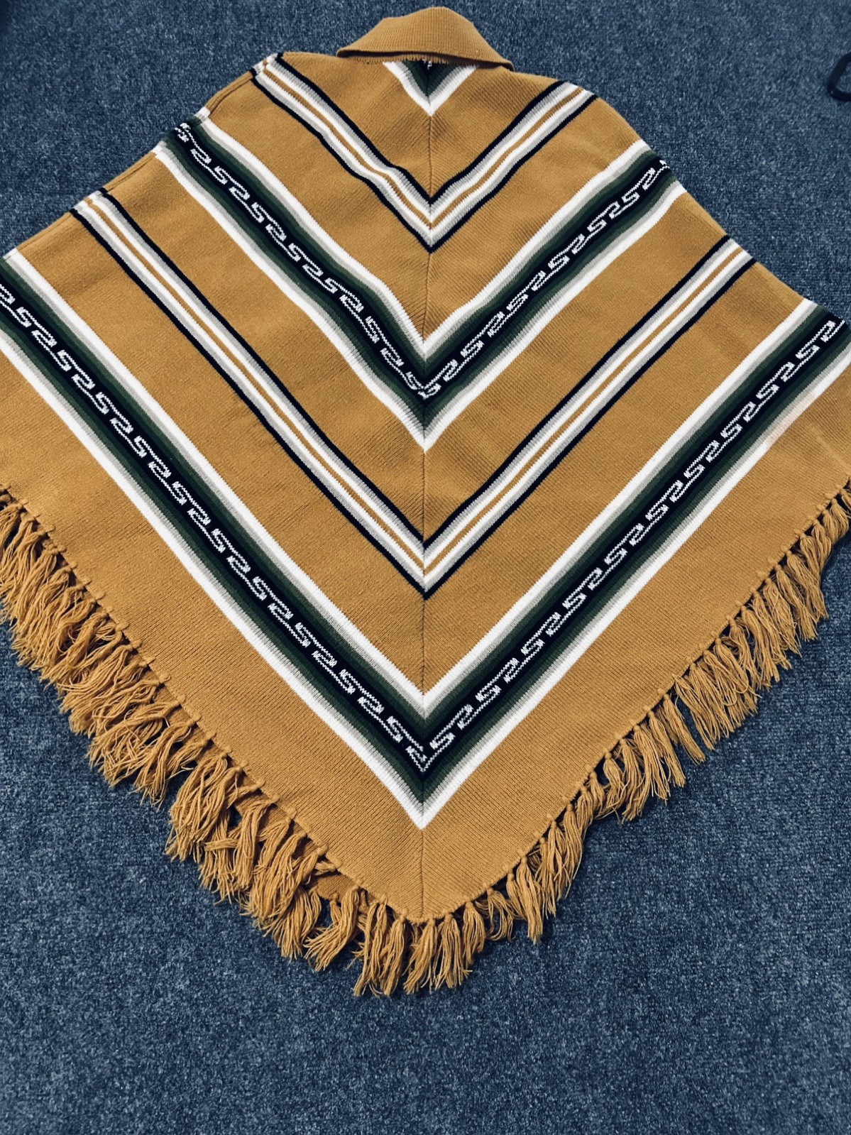 Vintage 70s Poncho Shawl w/ Fringe Hippie Boho one size Black w/ Stripes