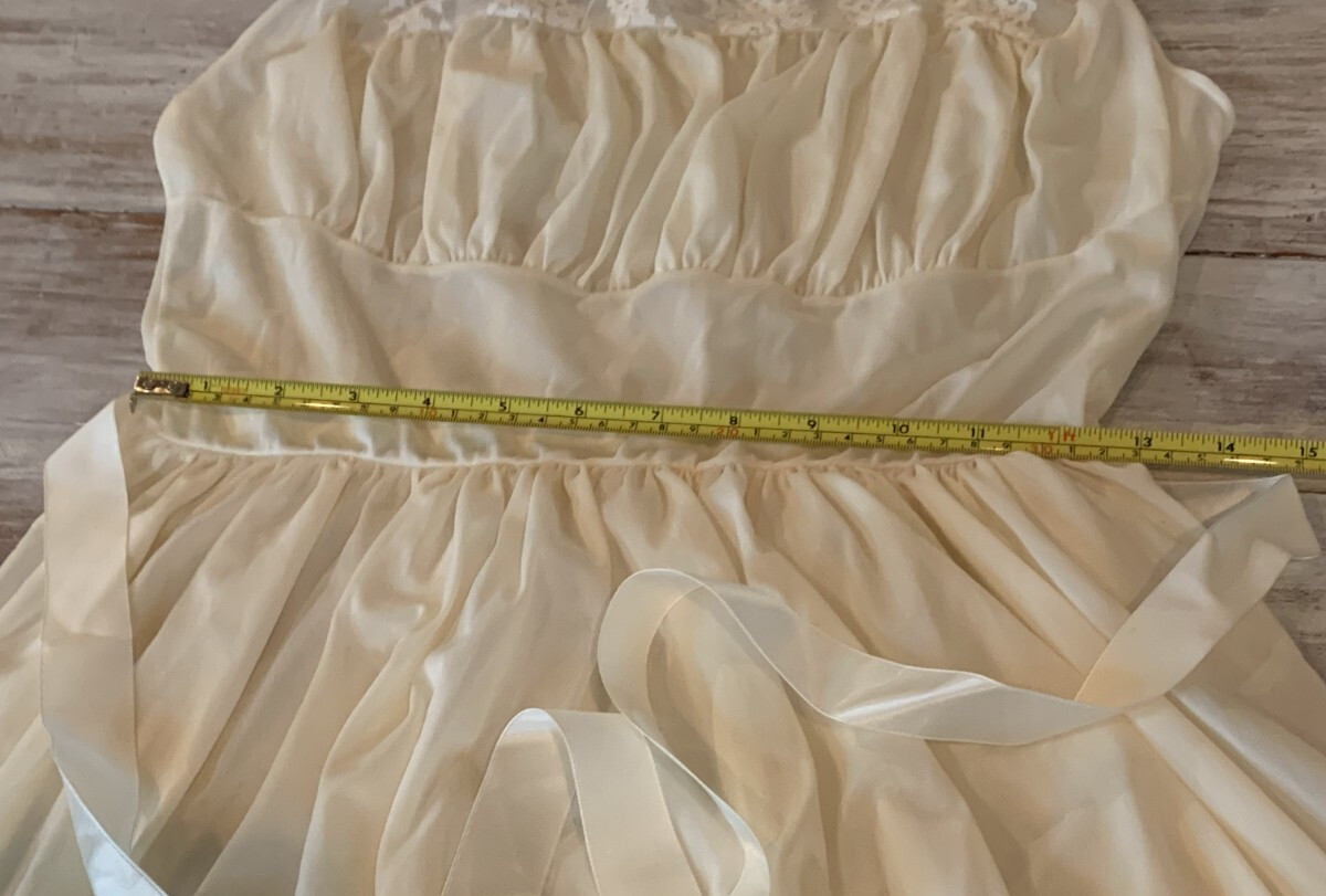 Vtg 60s Nightgown Butter Yellow Nylon Lace Fairycore Satin Ribbon Tie Sz 38