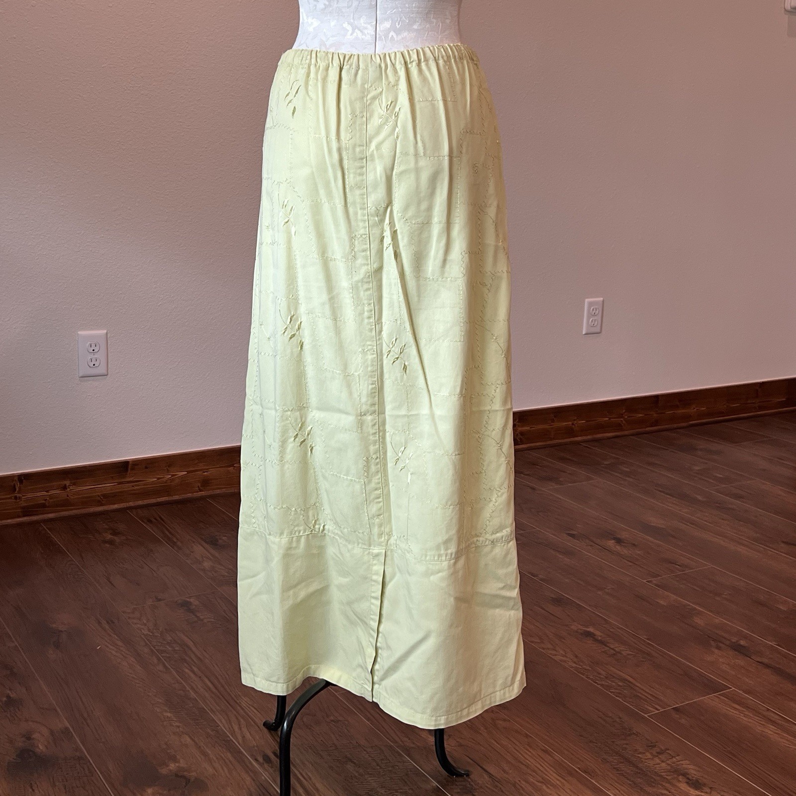 90s Y2K Fairycore Boho Nu Construction Light Green Embroidered Leaf Maxi Skirt L