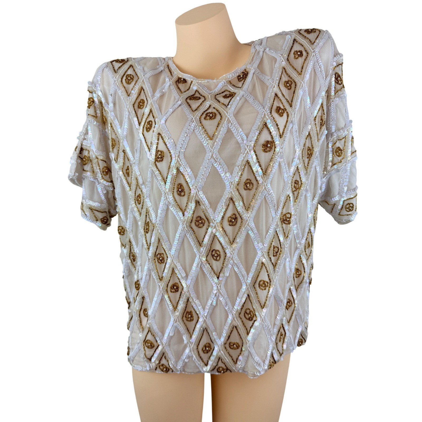 Vintage Silk Beaded Sequin Top White Gold Mermaidcore Pearl Beaded