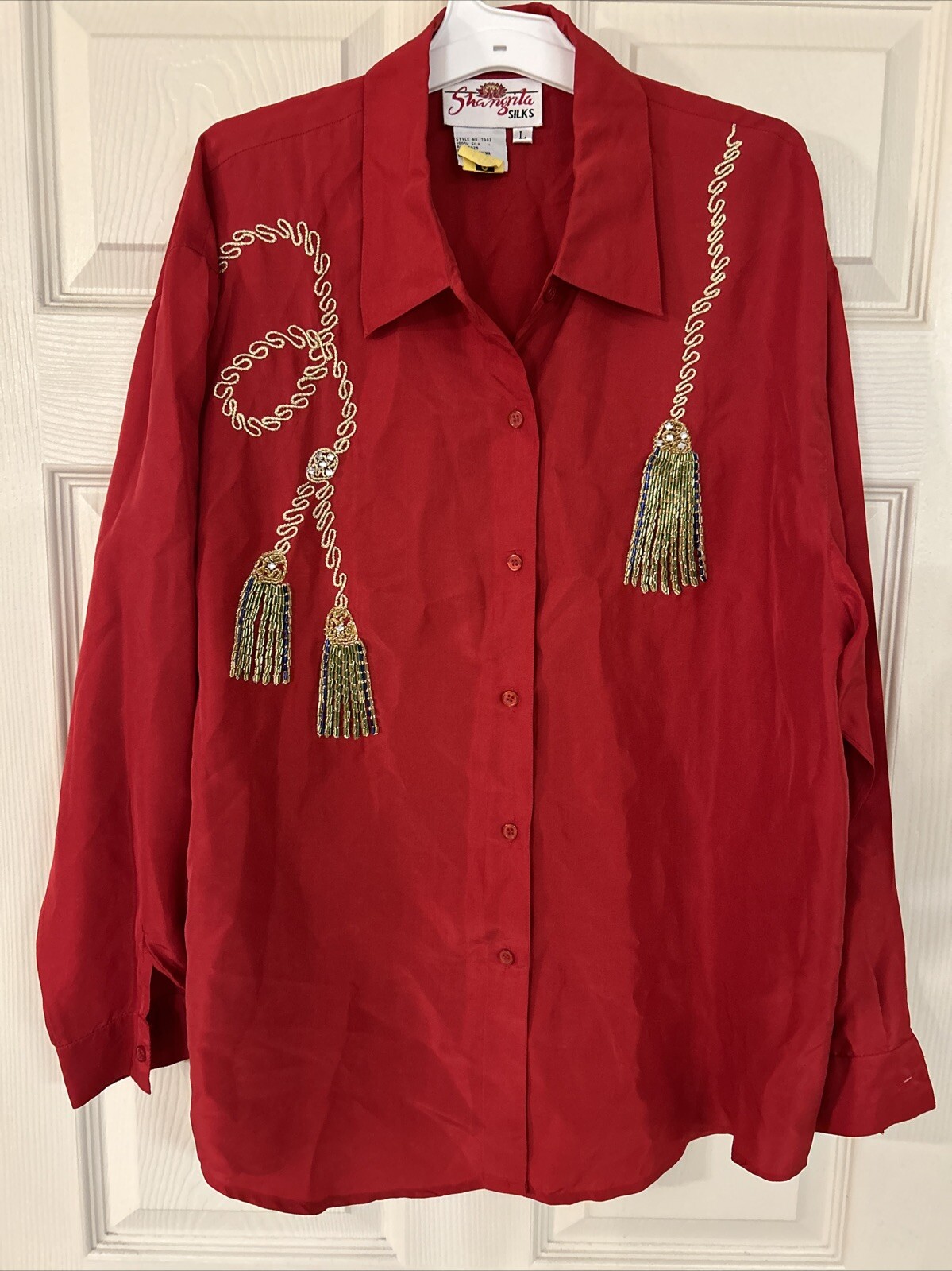 Vintage Red Beaded Sequins Silk Women’s Shangri-La Hong Kong Shirt Blouse Top L