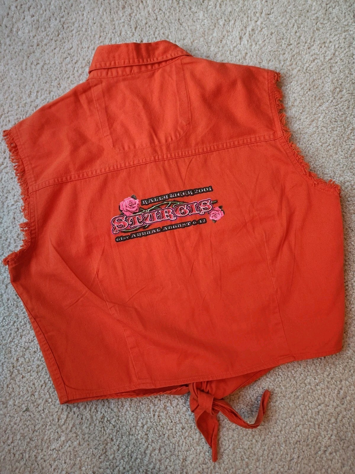 Vtg Sturgis 2001 Biker Rally Sleeveless Frayed Edge Vest Shirt Orange Crop Larg
