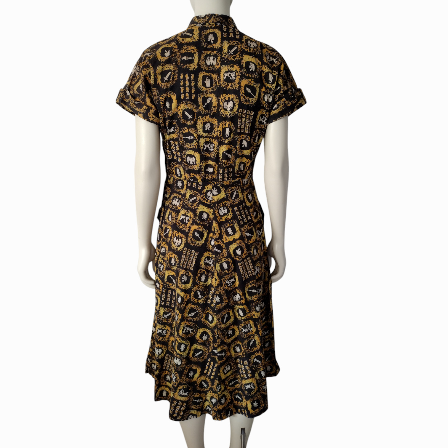 Vintage 1950s Black and Yellow Spartan Warrior Novelty Print Midi A Line Dress