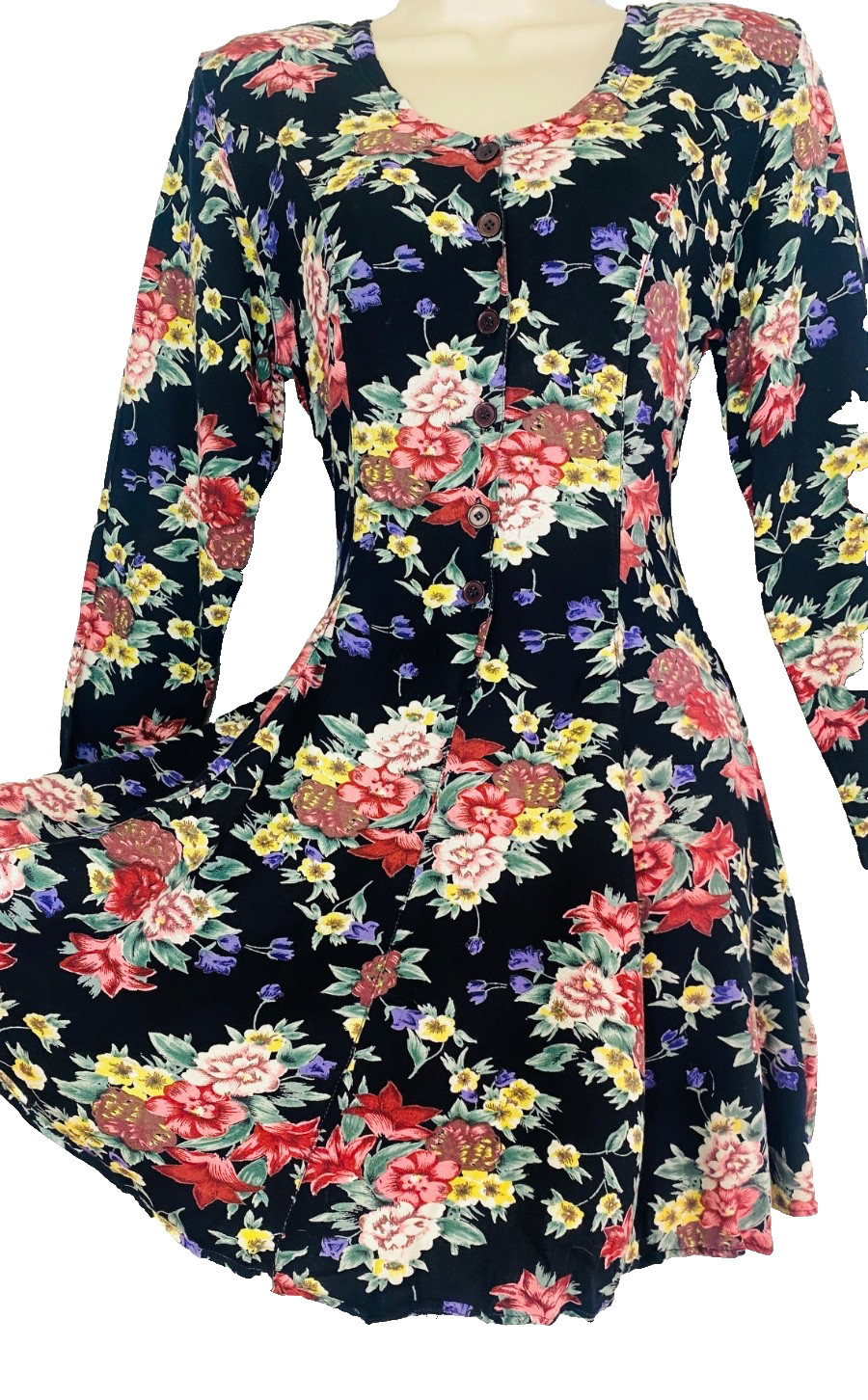 Vintage 1990s black floral mini dress S rayon long sleeve shoulder pads colorful
