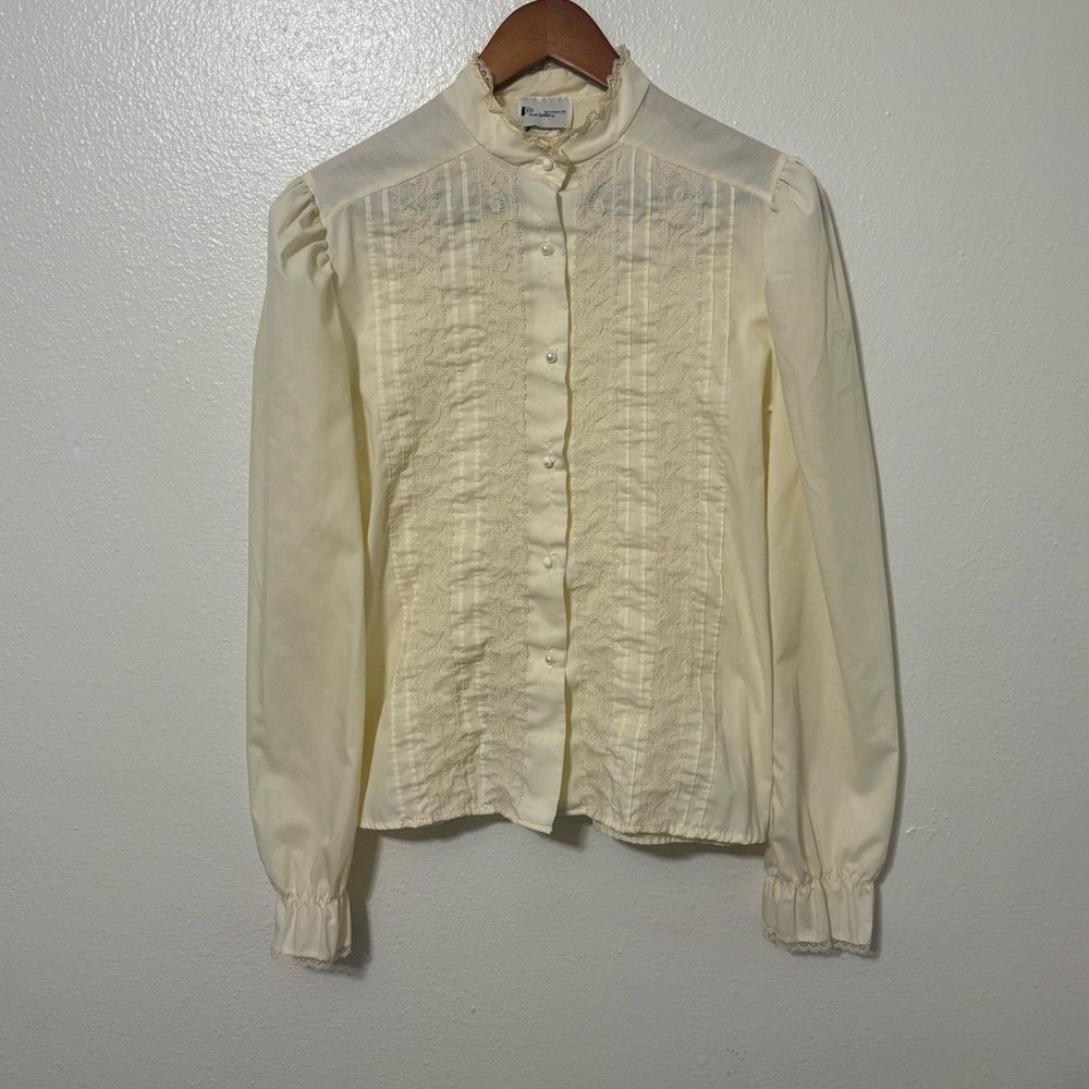 Vintage Pearlette Sz 9 Ivory Lace Pleated Long Sleeve Button Up Shirt Victorian