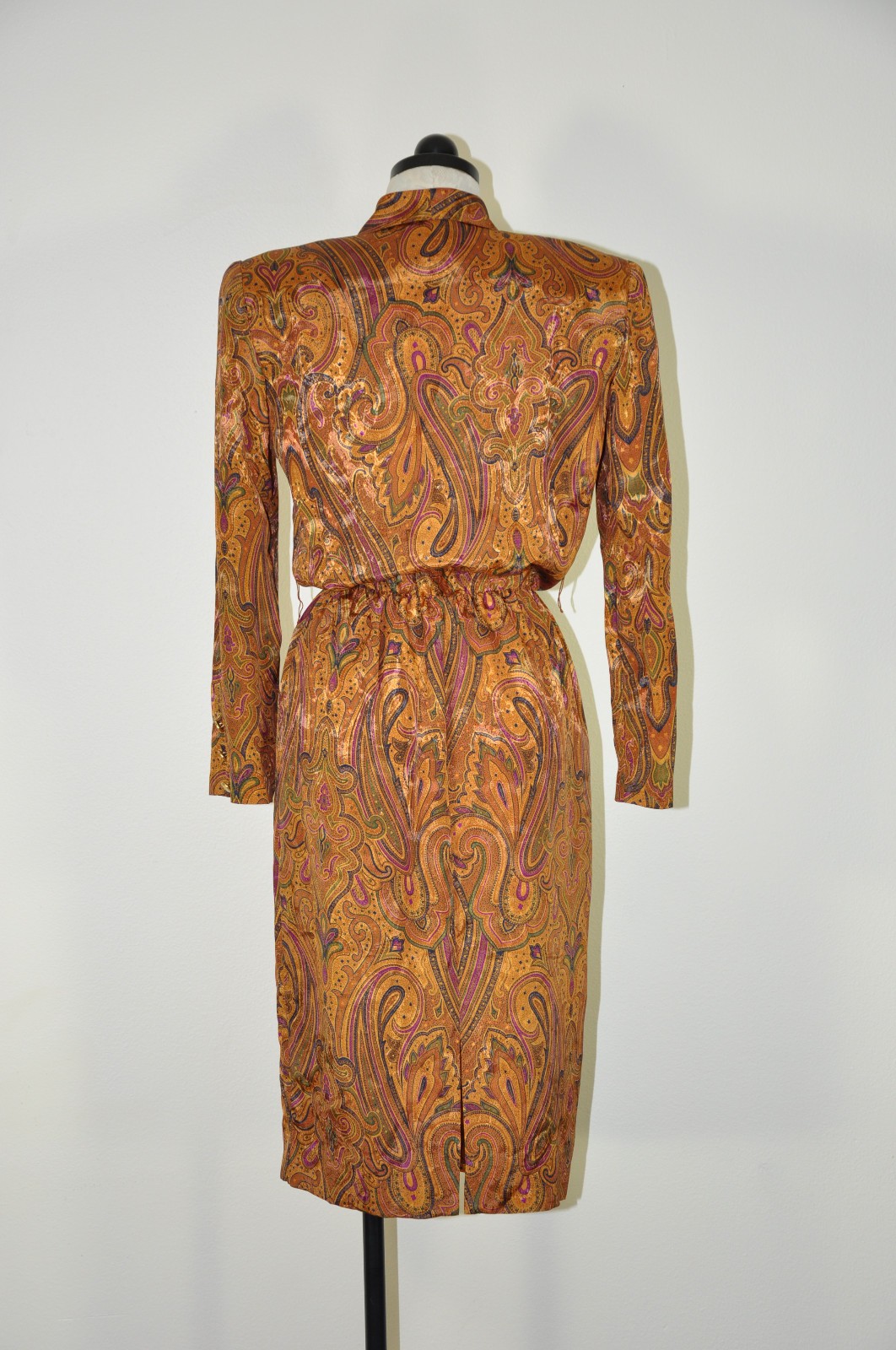 80s Vintage Spice Brown Silky Charmeuse Paisley Strong Shoulder Dress Women S M