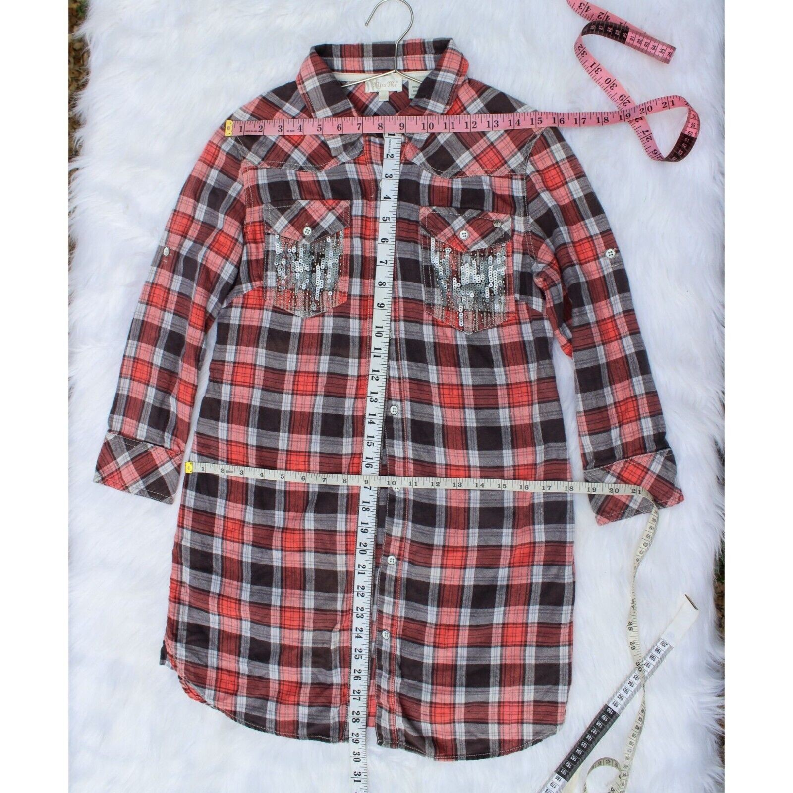 Y2K Vintage Miss Me Plaid Button-Down Shirt Dress W/ Sequin Pockets Size S