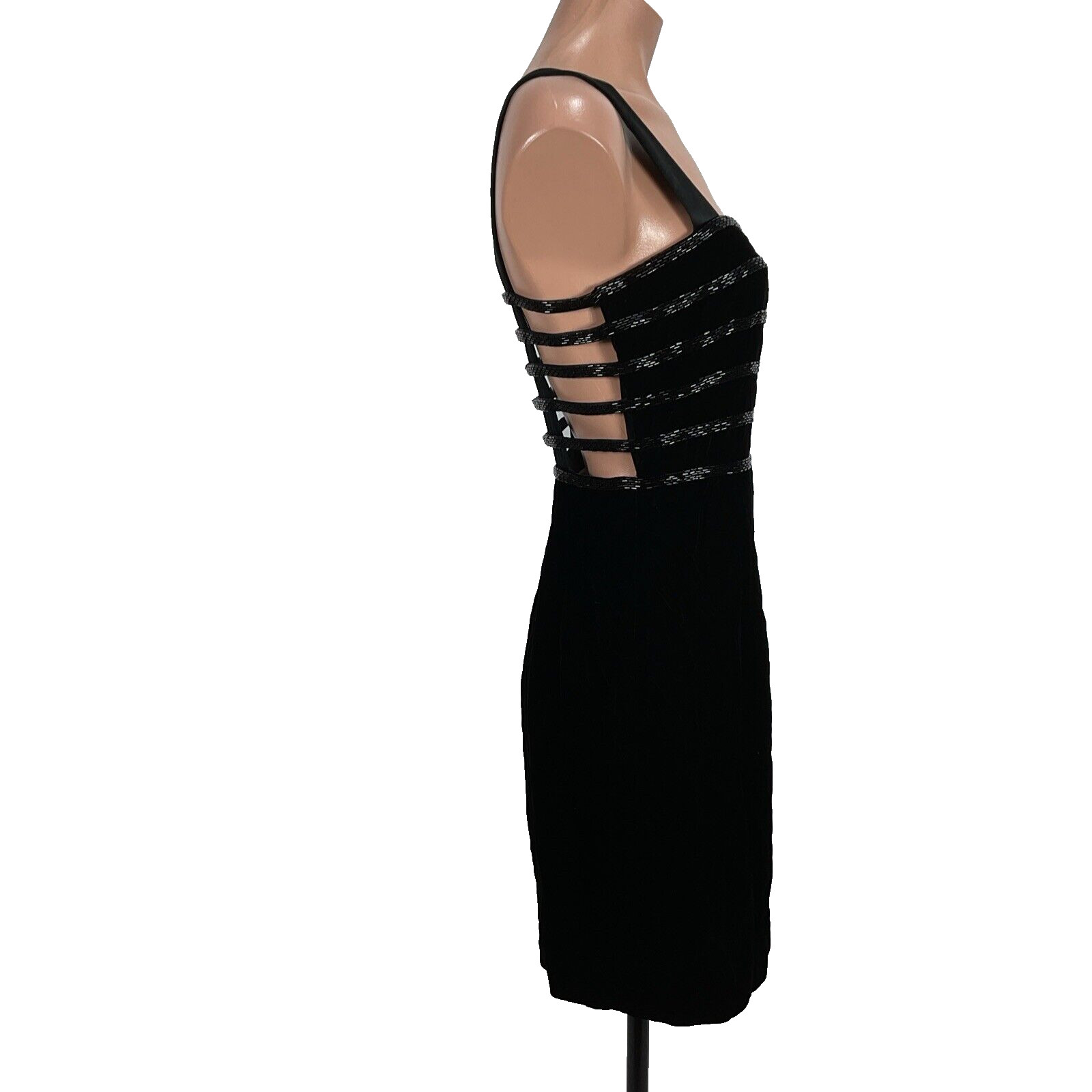 Vtg Nite Line Della Roufogali Beaded Strappy Black Velvet Dress Caged 4 90s