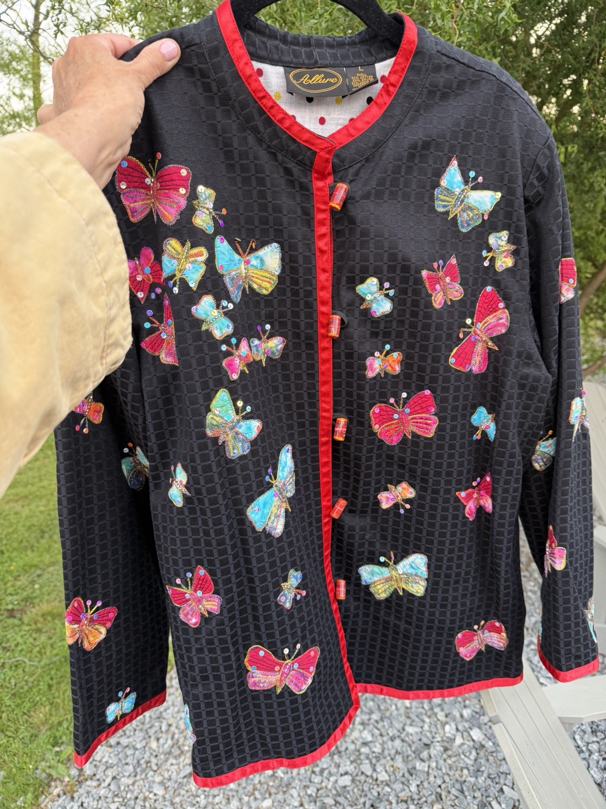 Vintage 80s Allure black embroidered butterflies sequins Asian blazer L glitter