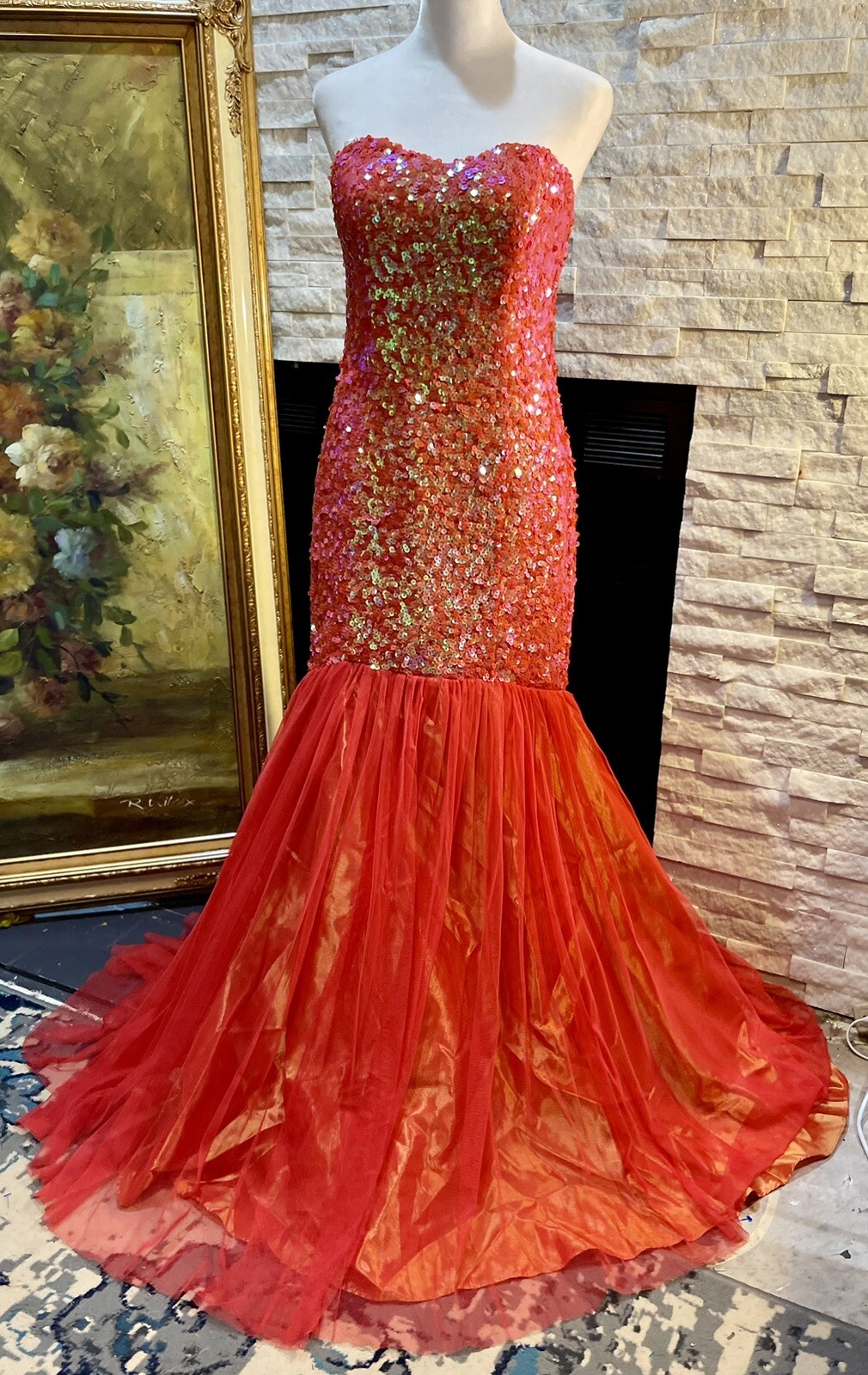 VTG Showgirl By Masquerade Sequin Drop Waist Mermaid Gown Orange Size 7/8