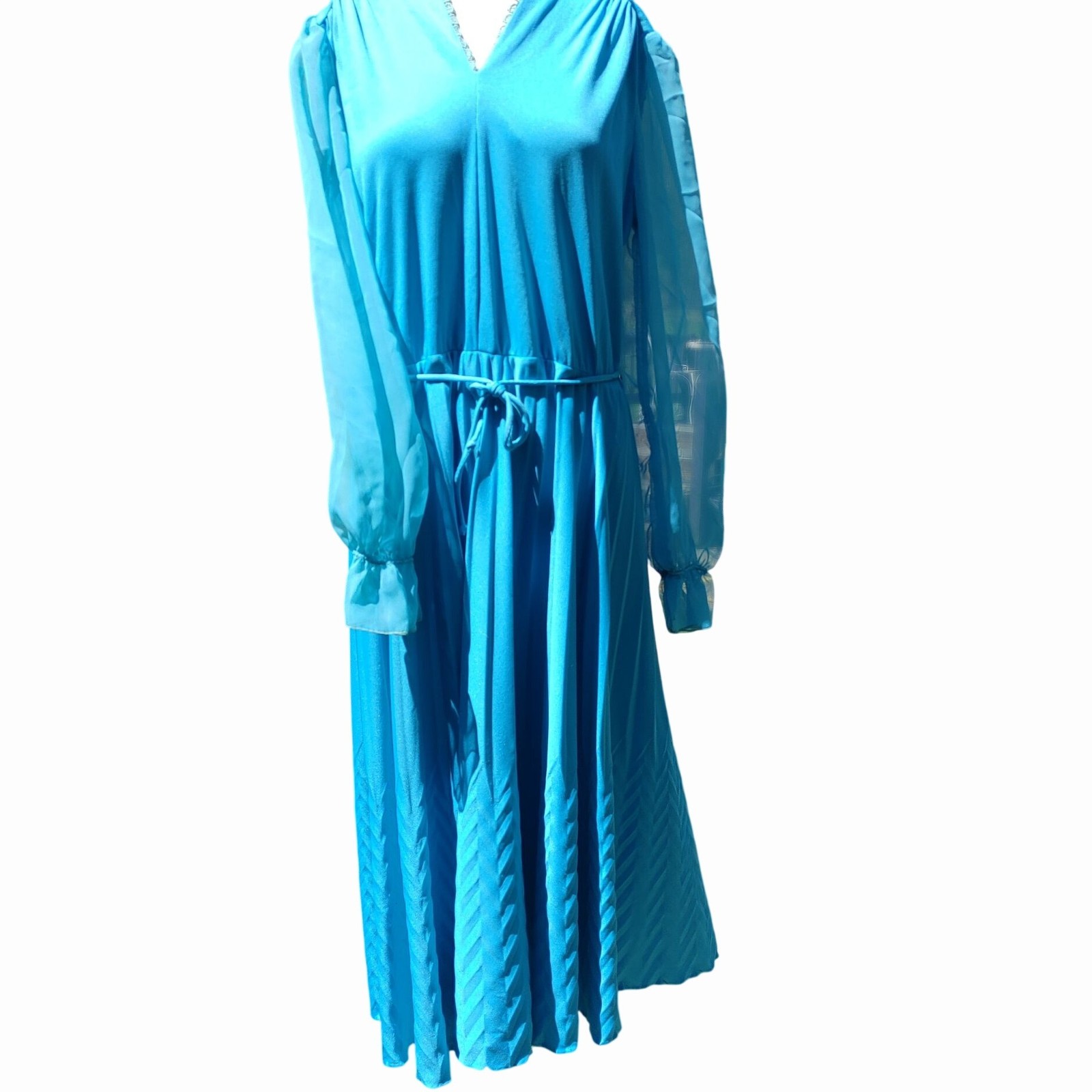 Turquoise Blue Long Sleeve Dress Sz 10 Vintage Sheer Sleeves Pleated Skirt Retro