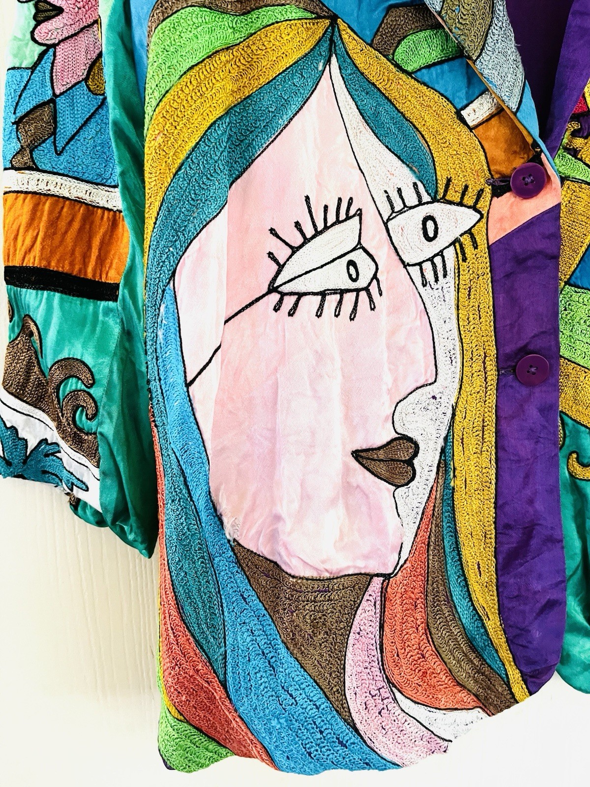 VTG Sandy Starkman Wearable Art Silk Picasso Inspired Boho Maximalism Jacket M