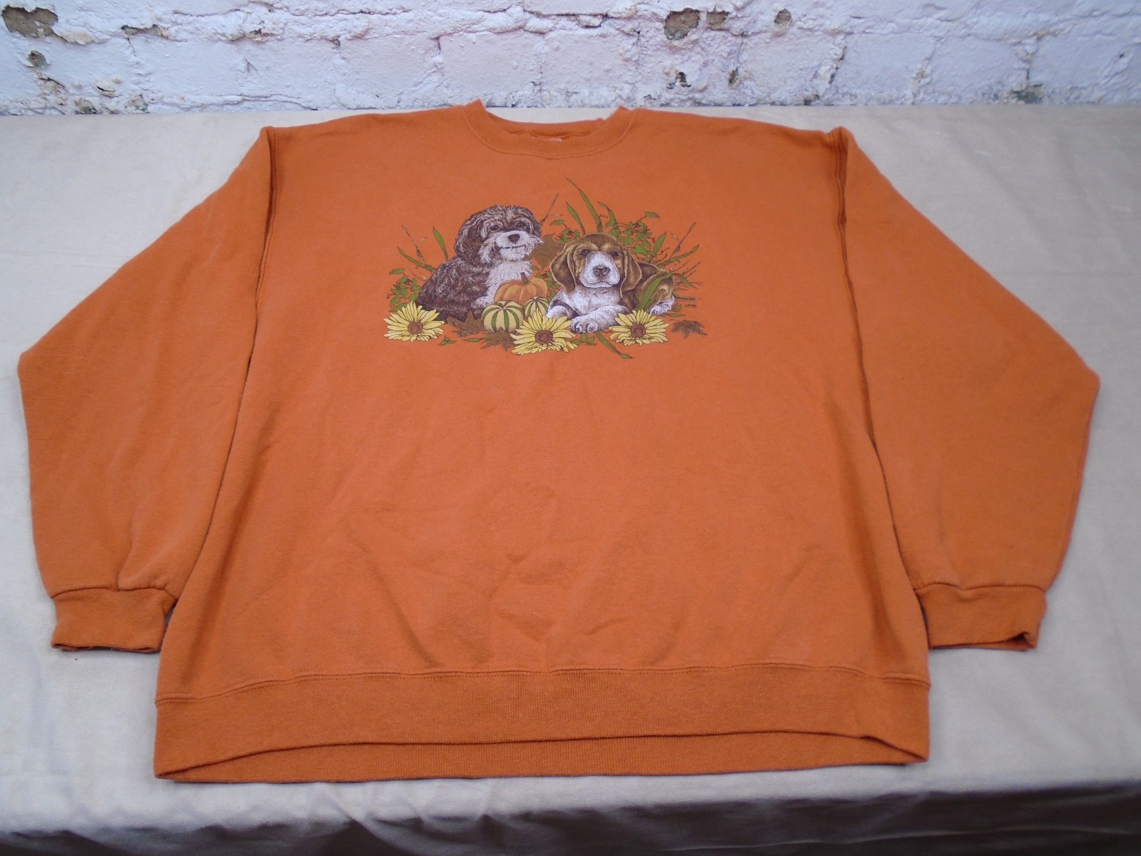 Vintage Beagle Dog Sweatshirt Crewneck Graphic Orange Floral Pumpkins Fall Sz XL
