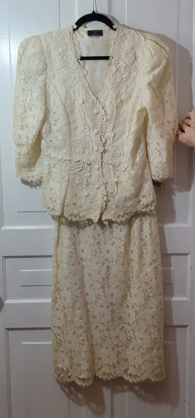 EUC VTG Cachet Ivory Lace 80s Skirt Suit Victorian 5/6 XS Wedding Mother Bride