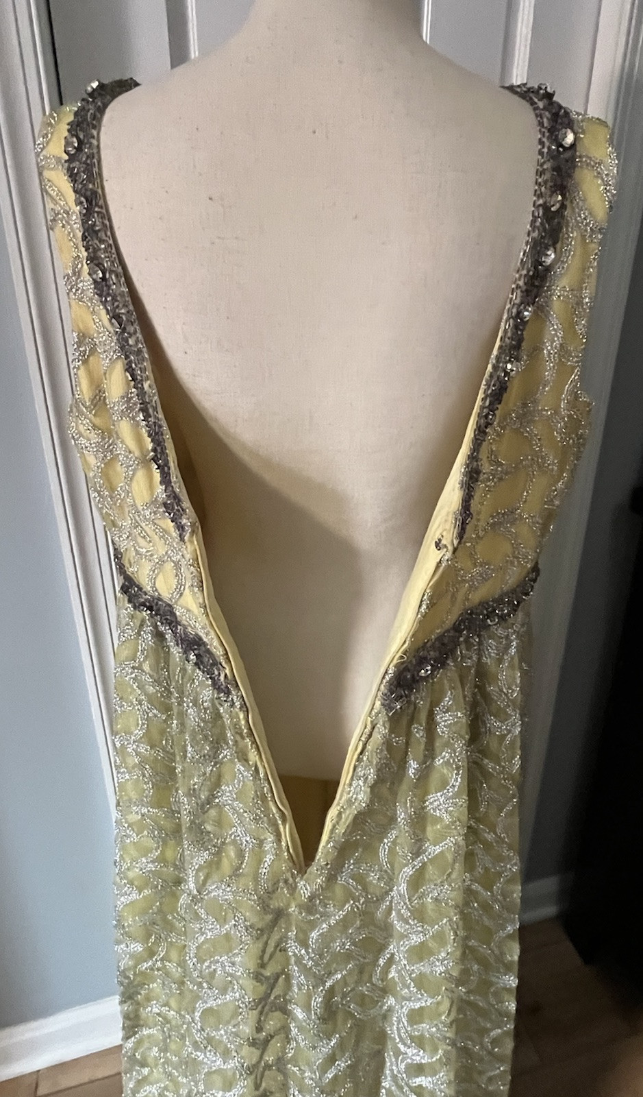 Erlebacher Beaded Long Gown Dress Sleeveless Yellow & Silver Shimmery VTG Large?