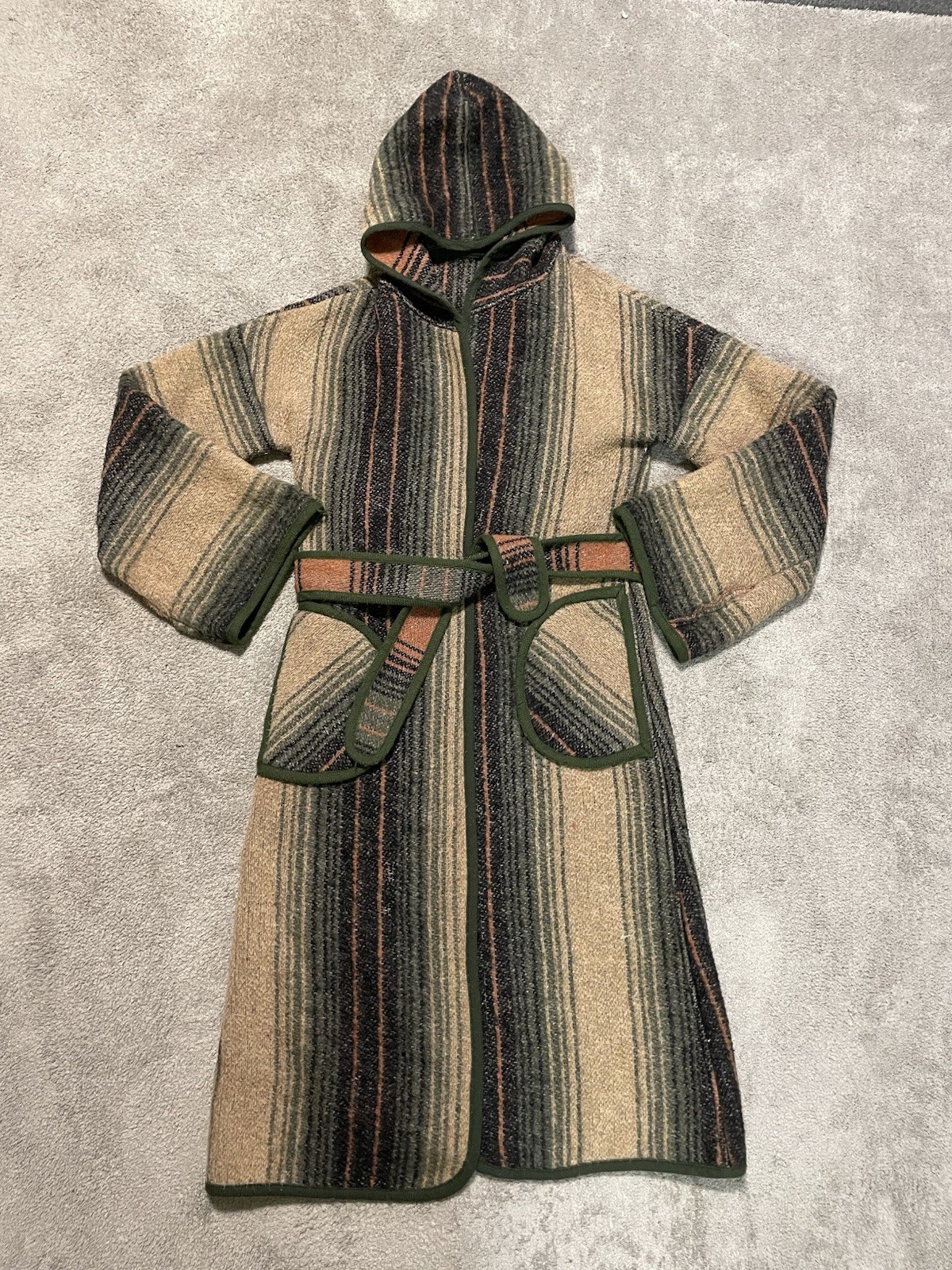 Vintage 70s Hooded Wool Blanket Coat Womens Belted Southwestern Robe Boho